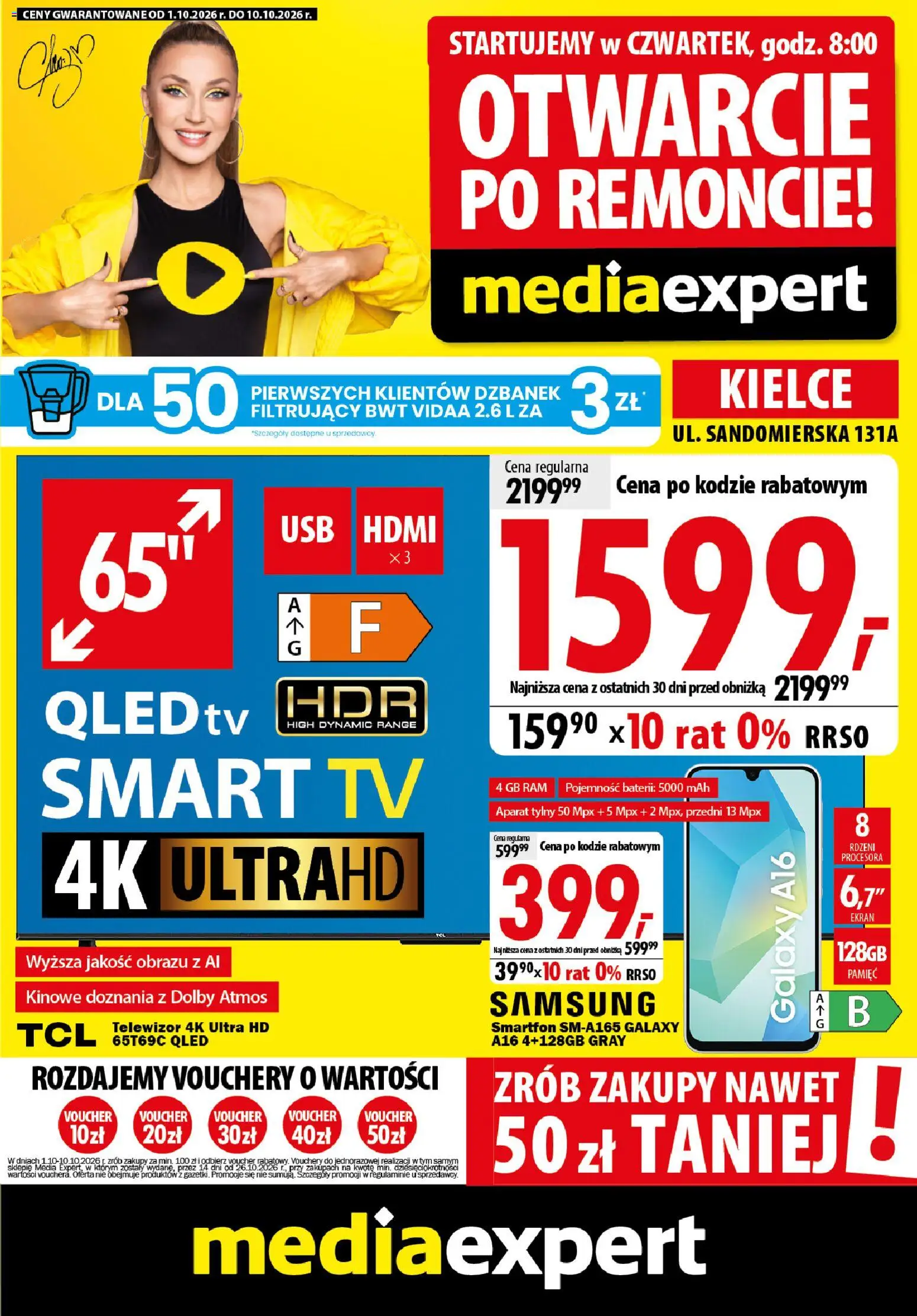 Mediaexpert promocje - Wielkie otwarcie Kielce od 01.10.2026 | Strona: 1 | Produkty: Dzbanek, Smartfon, Telewizor
