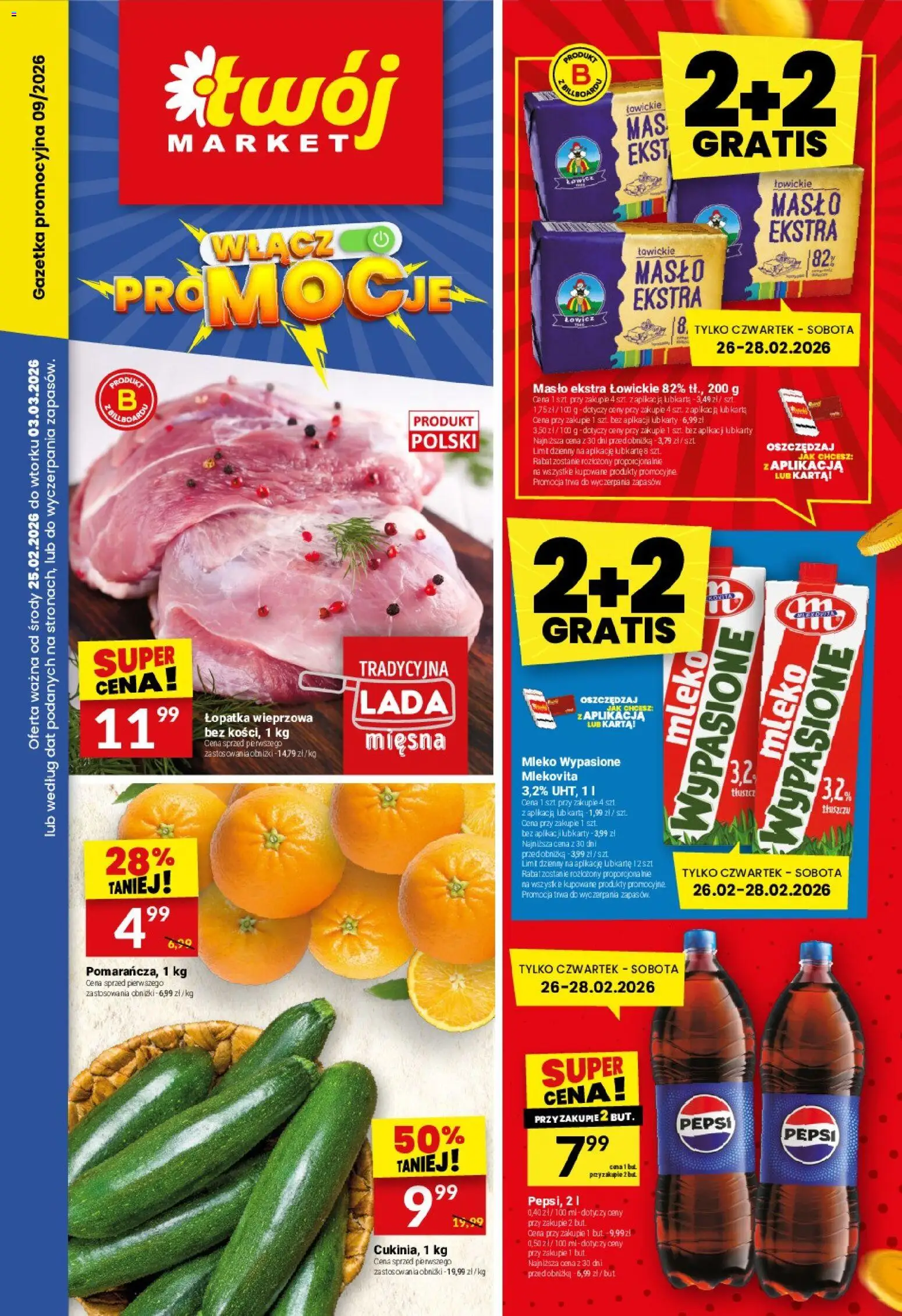 Twój Market Gazetka od 25.02.2026 | Strona: 1 | Produkty: Karta, Pepsi, Łopatka wieprzowa, Mleko