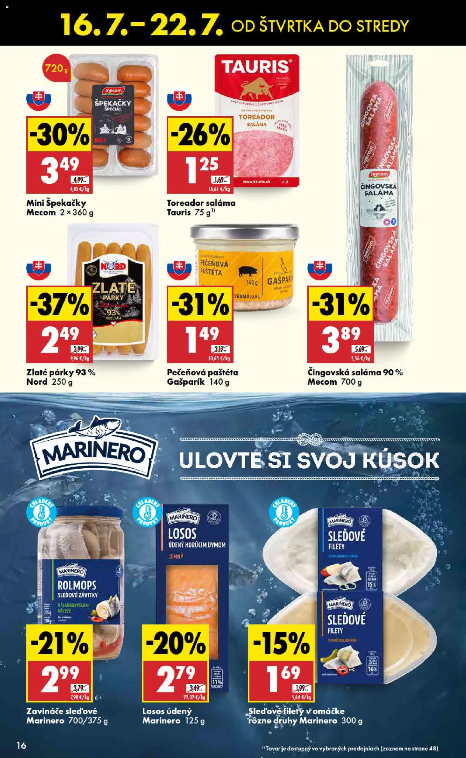 Nové Biedronka akcie – leták je platný od 16.07.2026 | Strana: 16 | Produkty: Saláma, Losos, Párky, Paštéta