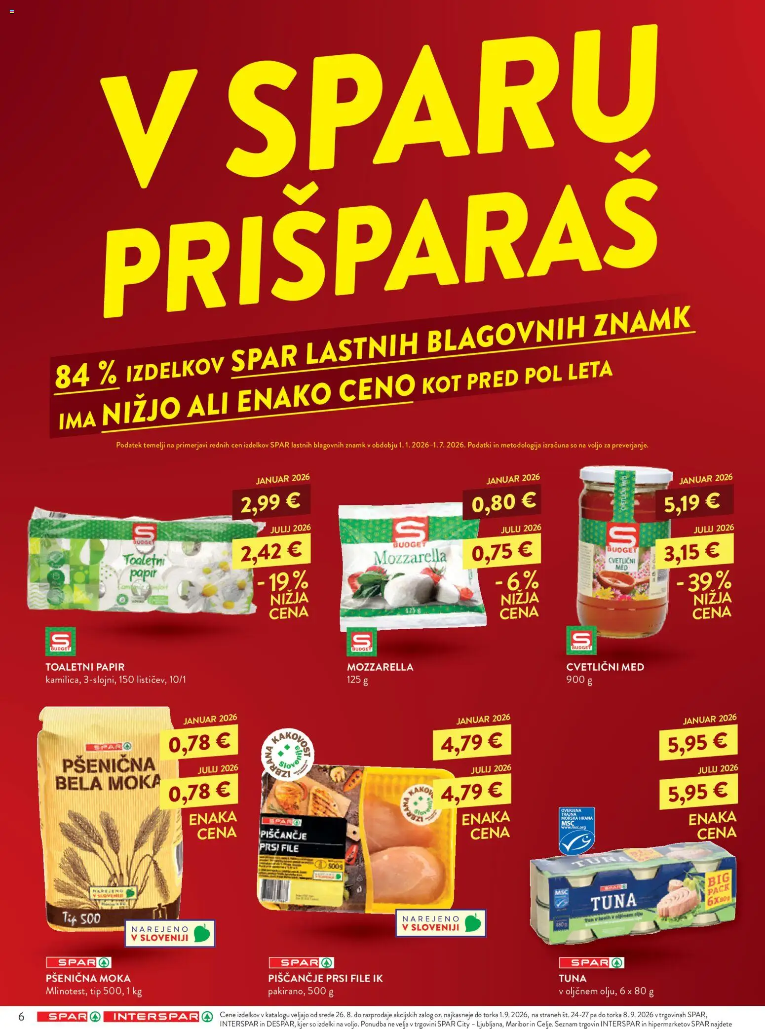 Novi Spar katalog ponudbe – veljaven od 26.08.2026 | Stran: 6 | Izdelki: Med, Toaletni papir, Tuna, Mozzarella