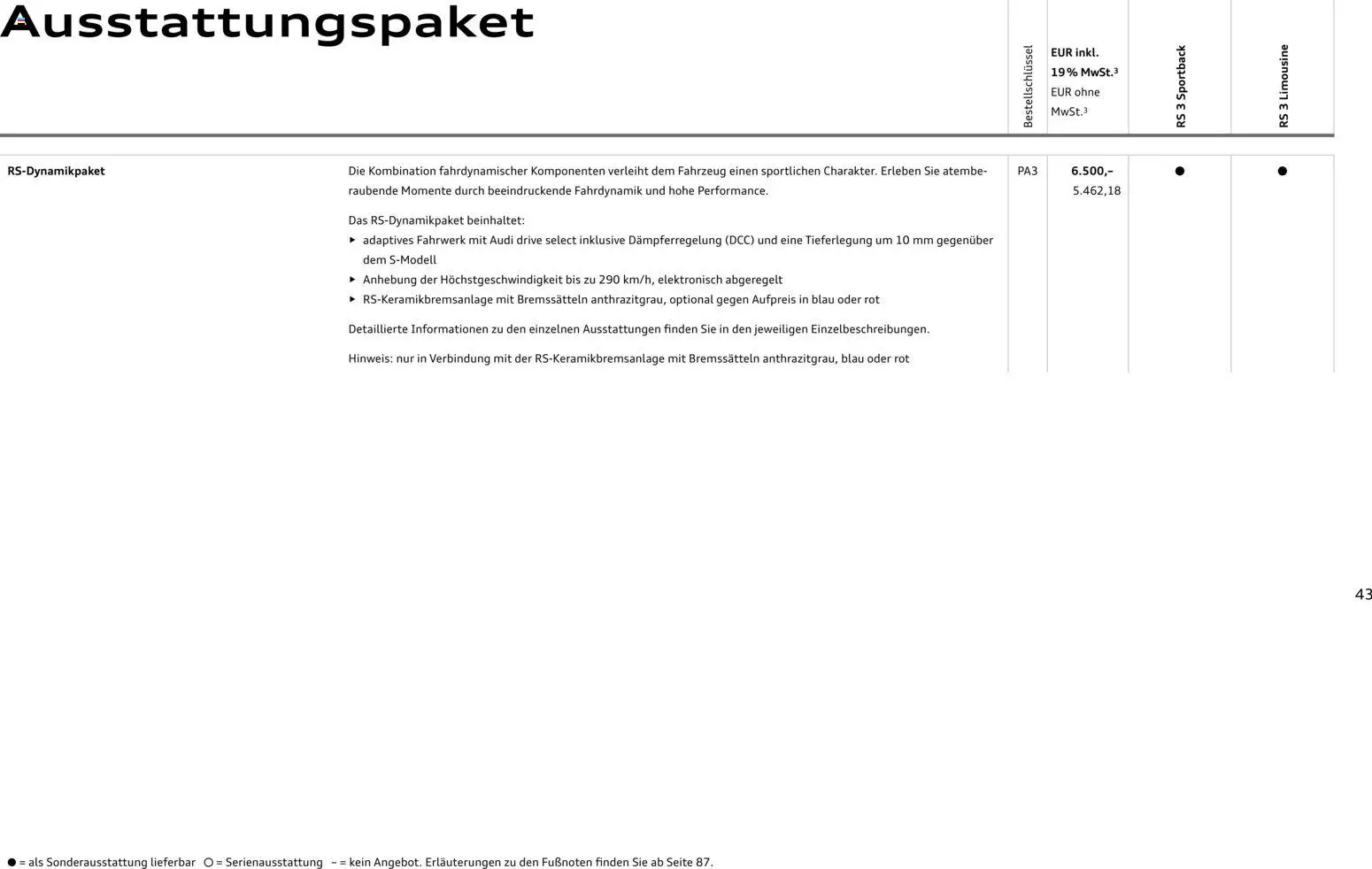 Audi RS 3 Sportback / RS 3 Limousine – gültig ab 28.10.2025 | Seite: 43