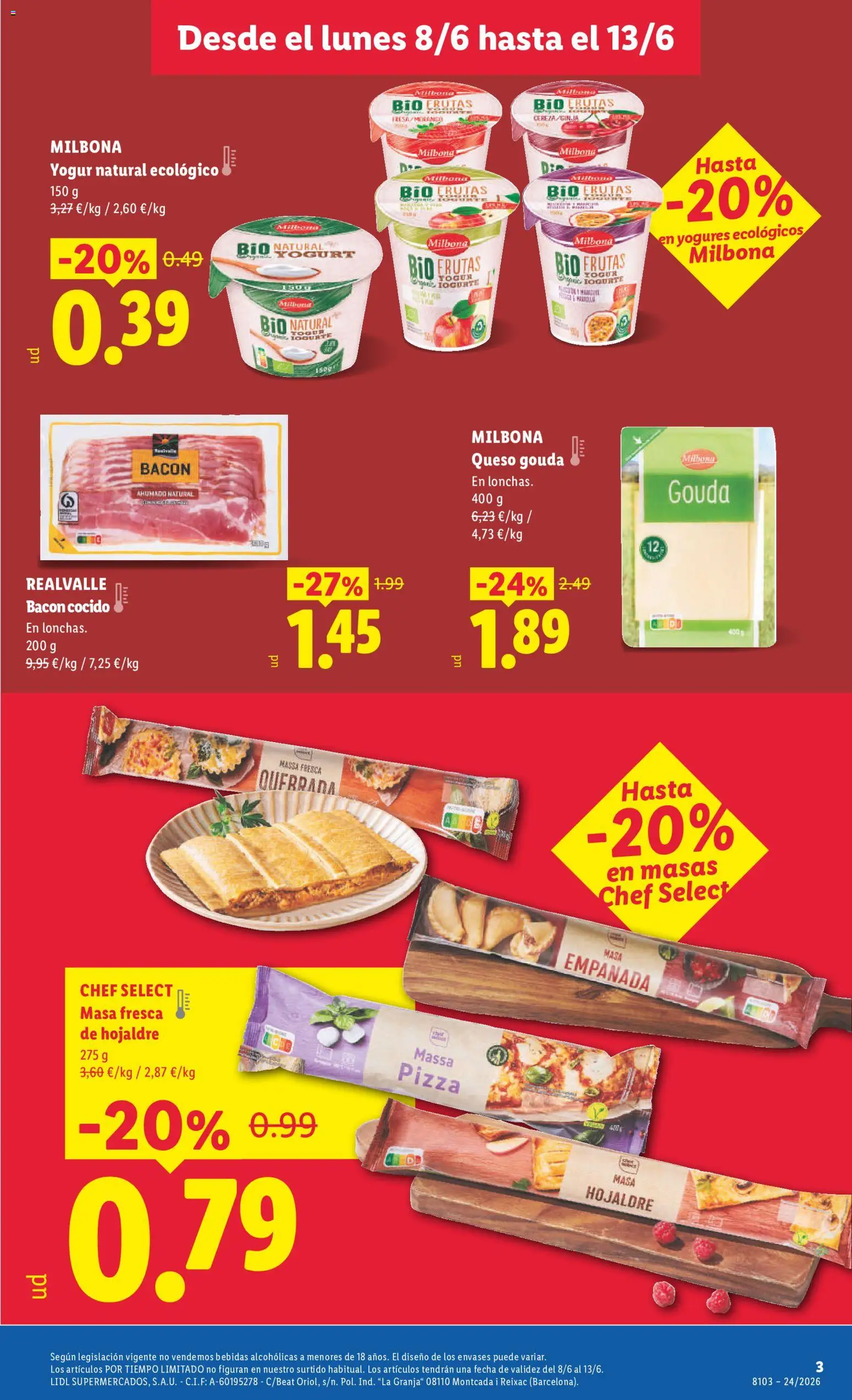 Lidl folleto │ válido desde el 08.06.2026 | Página: 3 | Productos: Queso, Yogur, Pizza, Queso Gouda