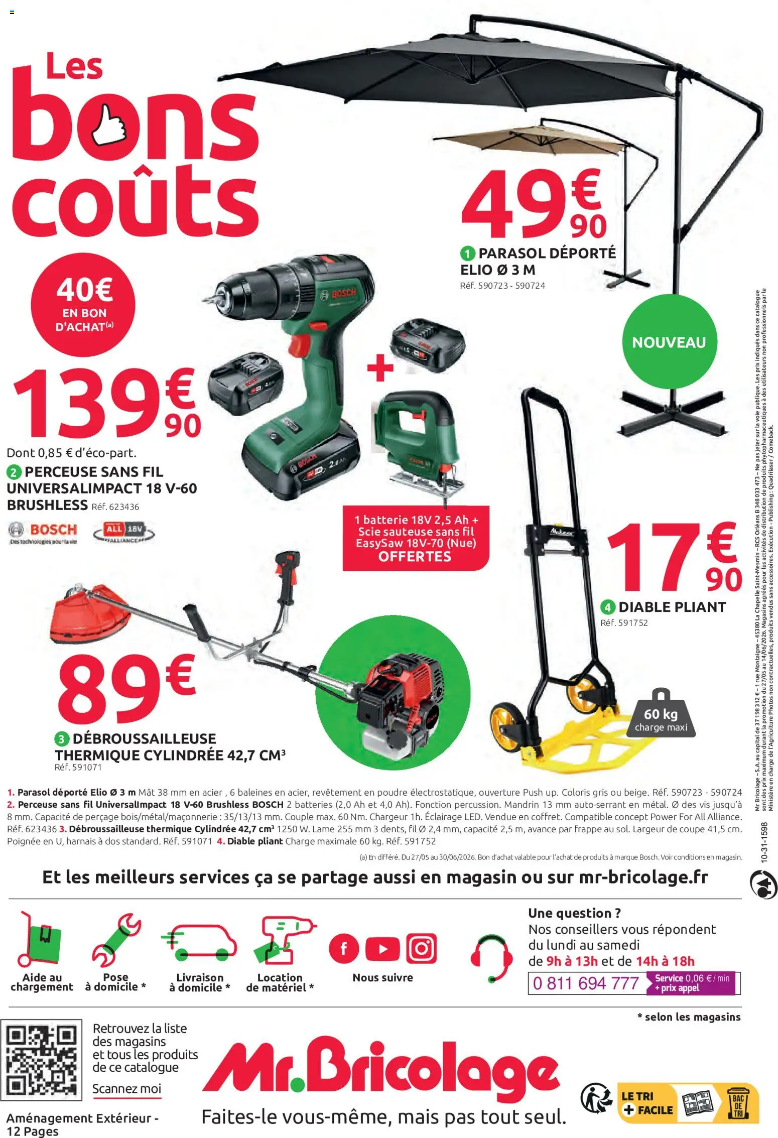 {H1} | Page: 12 | Produits: Perceuse, Débroussailleuse, Parasol déporté, Parasol