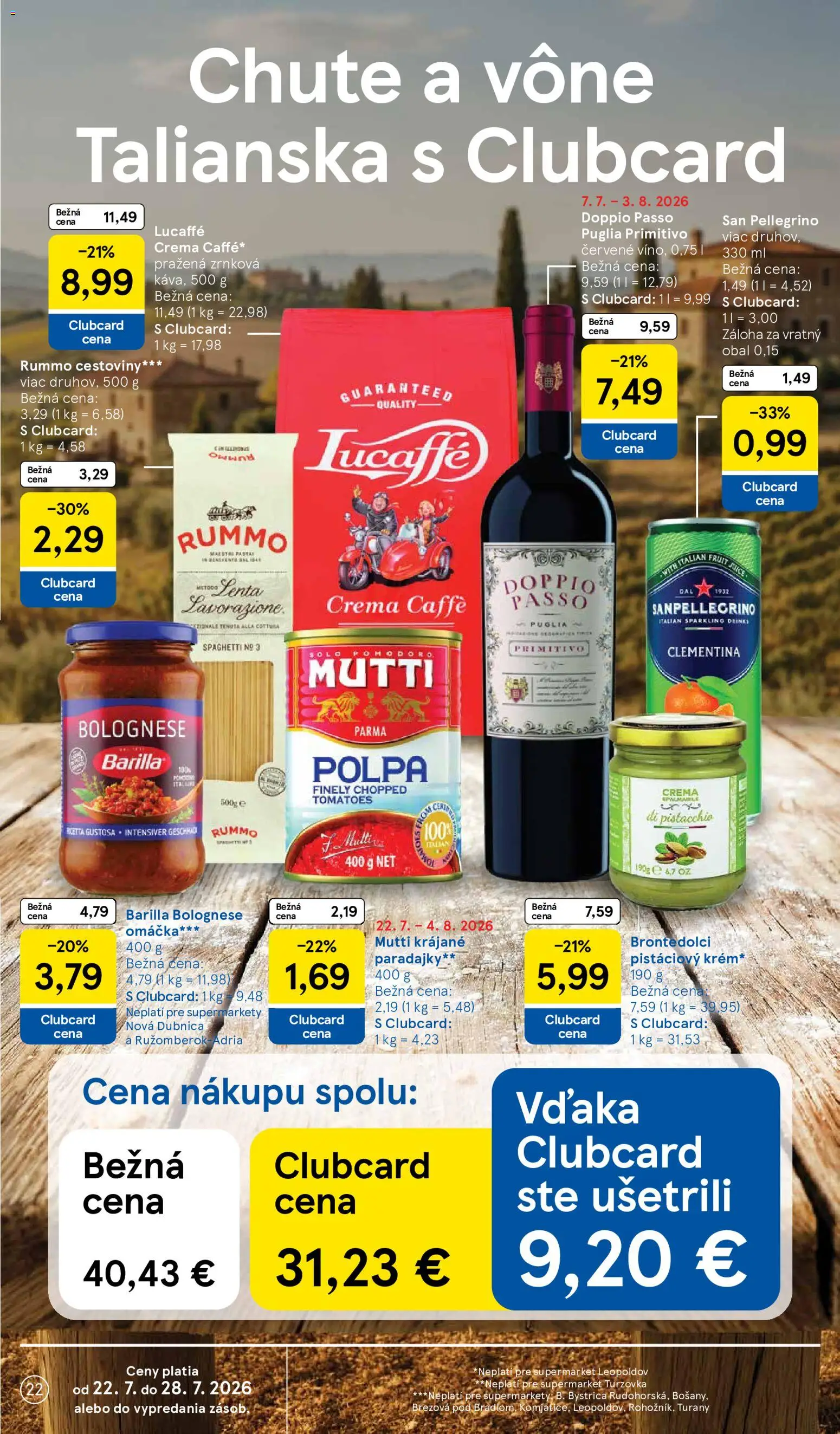 Nové Tesco akcie – leták je platný od 22.07.2026 | Strana: 22 | Produkty: Paradajky, Cestoviny, Omáčka