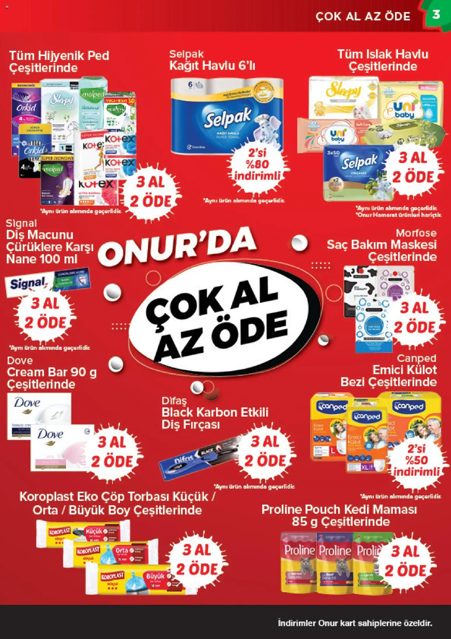 Onur Market Katalog Bursa - 13 Ekim 2026 tarihinden itibaren geçerlidir | Sayfa: 3 | Ürünler: Hijyenik ped, Kedi maması, Kağıt havlu, Nane