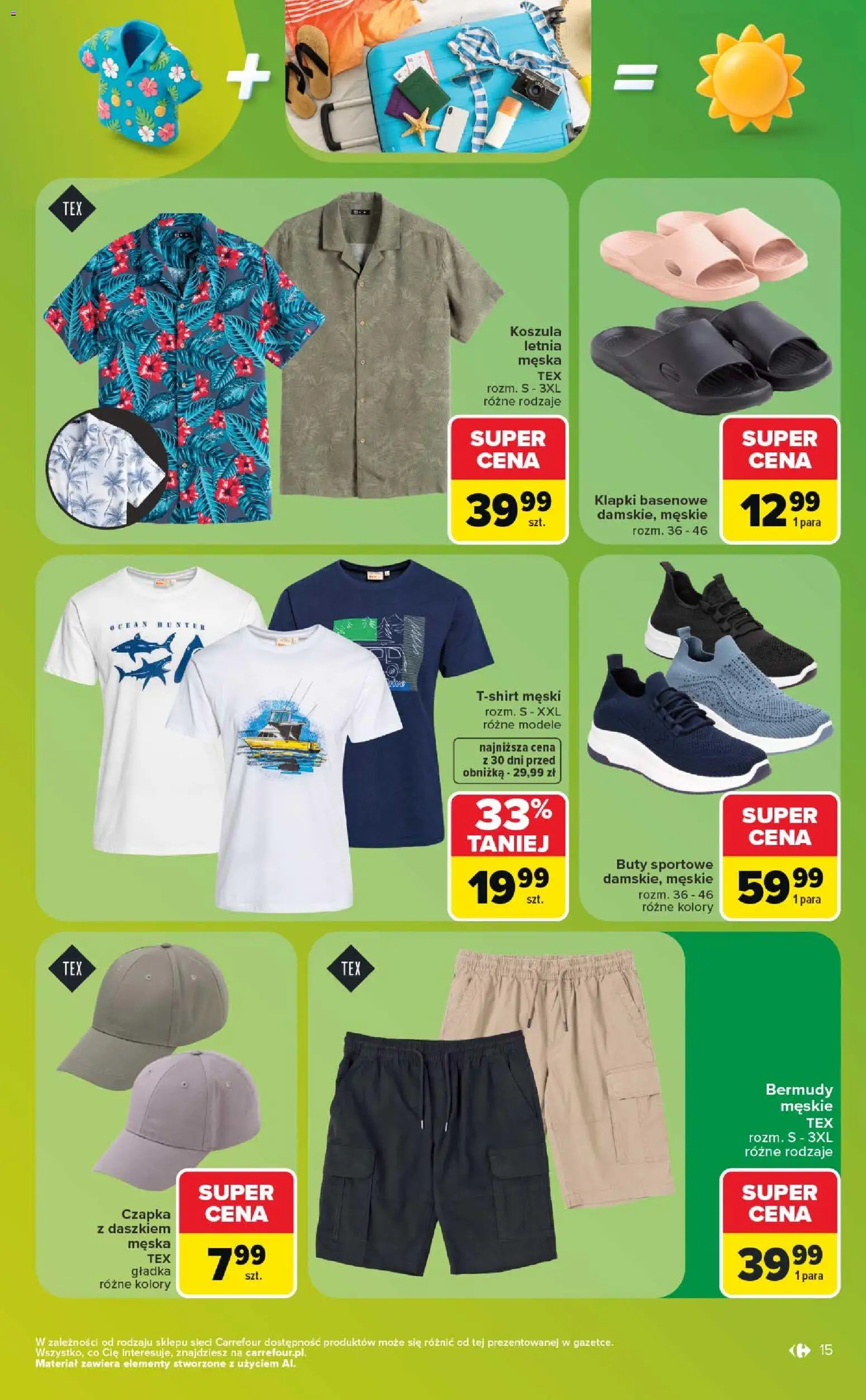 Carrefour gazetka - Ostatnie sztuki i letnie hity od 27.07.2026 | Strona: 15 | Produkty: Buty sportowe, Koszula, Buty, Czapka