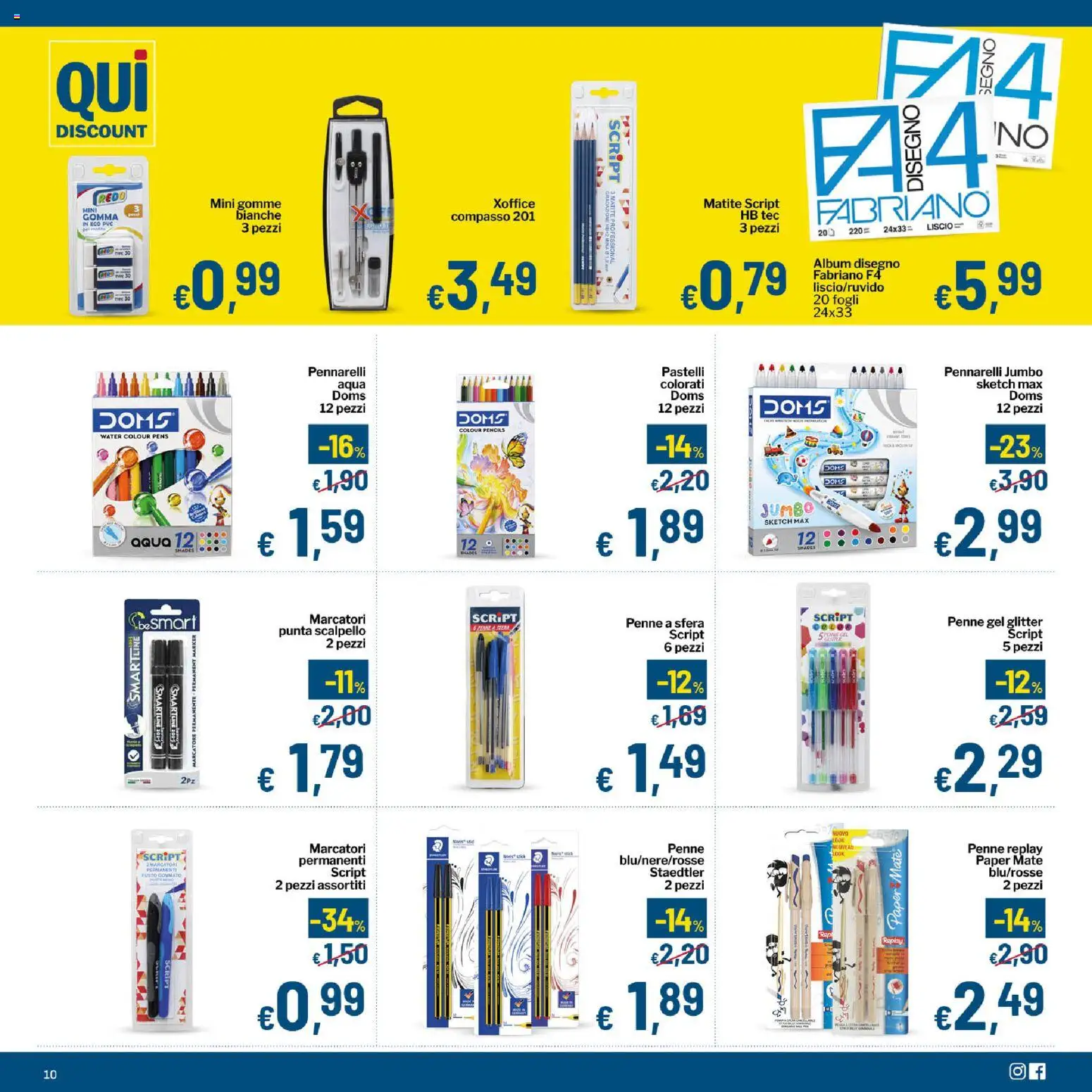 Volantino Qui Discount del 25/08/2026 | Pagina: 10 | Prodotti: Compasso, Pennarelli, Pastelli, Penne