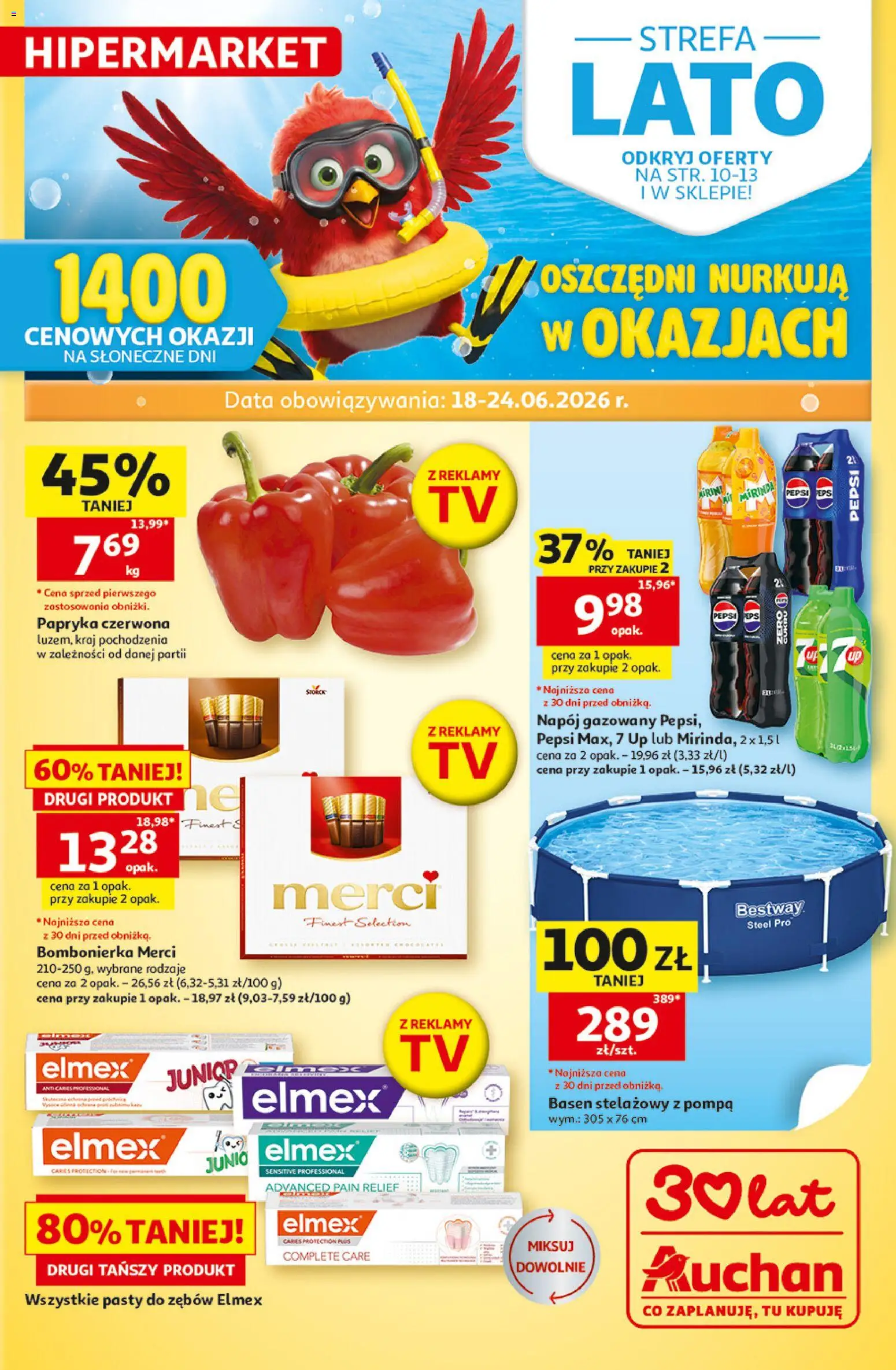 Auchan gazetka - 30 Lat Hipermarket od 18.06.2026 | Strona: 1 | Produkty: Merci, Basen, Papryka, Papryka czerwona