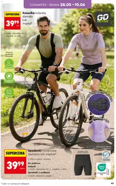 Pogląd oferty "Spodenki rowerowe damskie lub męskie*, Spodenki rowerowe damskie lub męskie. Różne wzory i kolory. Do wyboru: Kolarki (rozm. damskie: M i L, męskie: L-XXL), Spodenki z szelkami (rozm. damski i męski: L)." - ważna od 25.05.2026 | Strona: 43 | Produkty: Spodenki, Poduszka