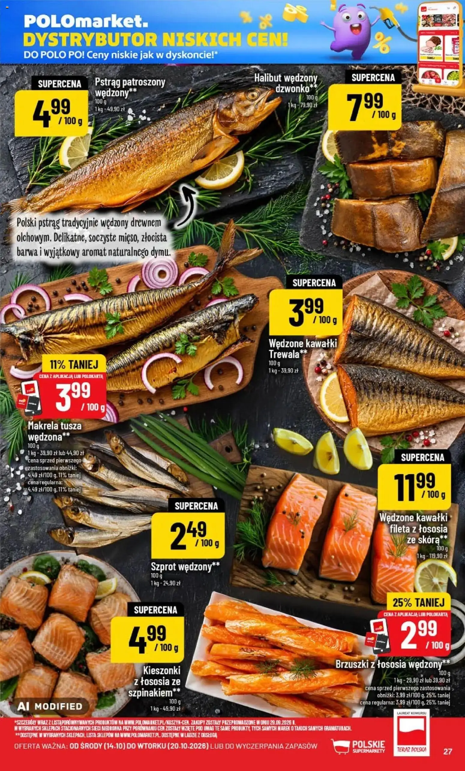 Nowa POLOmarket gazetka od jutra 14.10.2026 | Strona: 27 | Produkty: Pstrąg, Halibut, Makrela, Brzuszki z łososia
