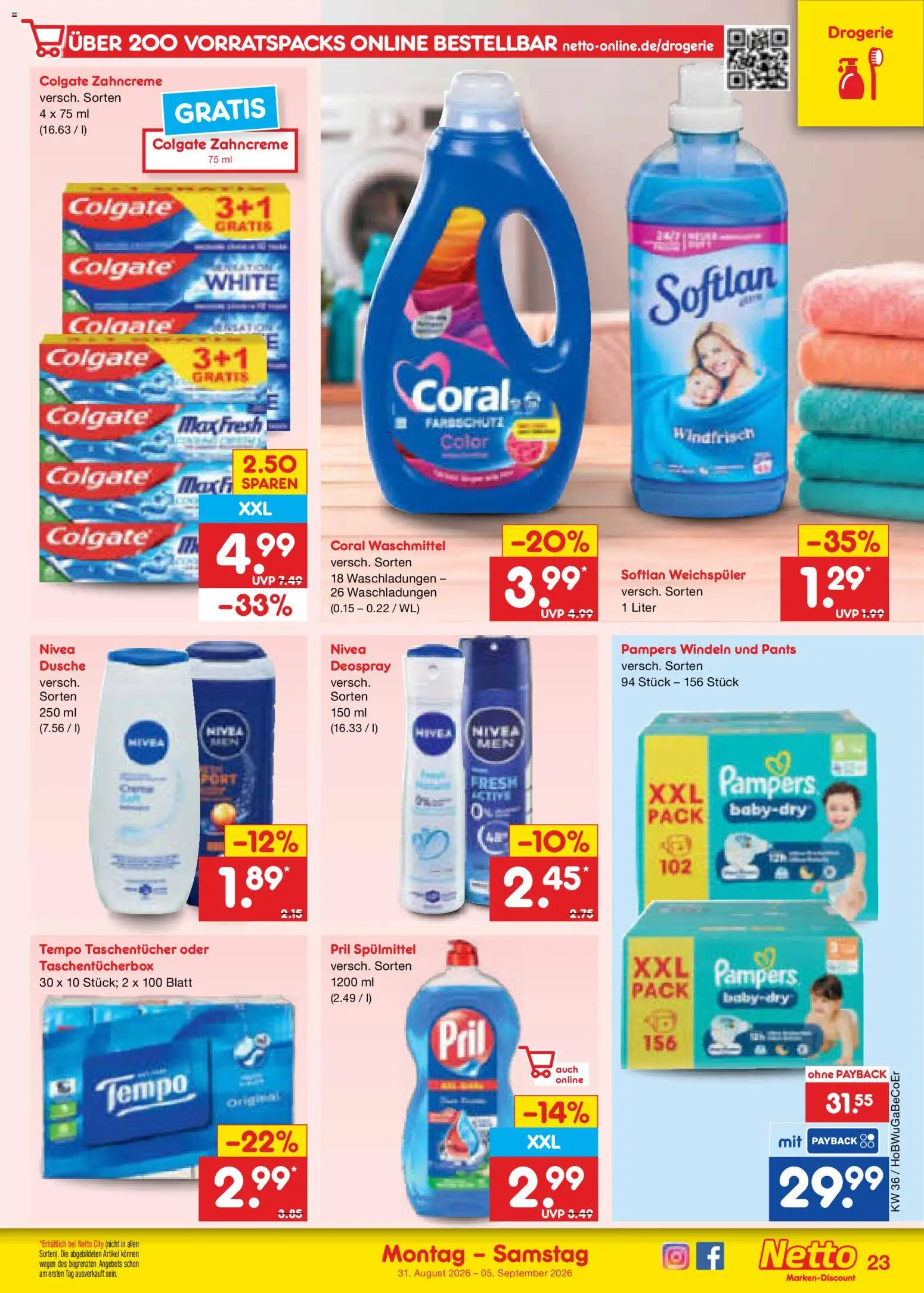 Netto Marken-Discount Prospekt – gültig ab 31.08.2026 | Seite: 31 | Produkte: Pampers, Coral waschmittel, Weichspüler, Waschmittel