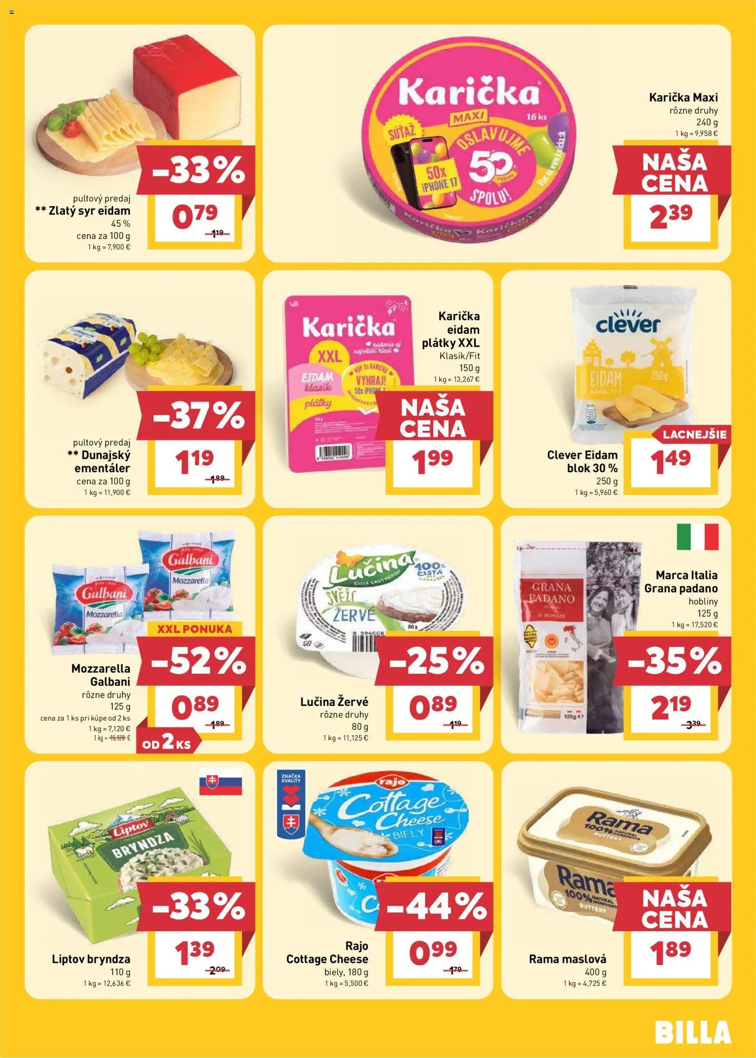 Nové Billa akcie – leták je platný od 17.06.2026 | Strana: 9 | Produkty: Syr, Eidam, Mozzarella, Rama