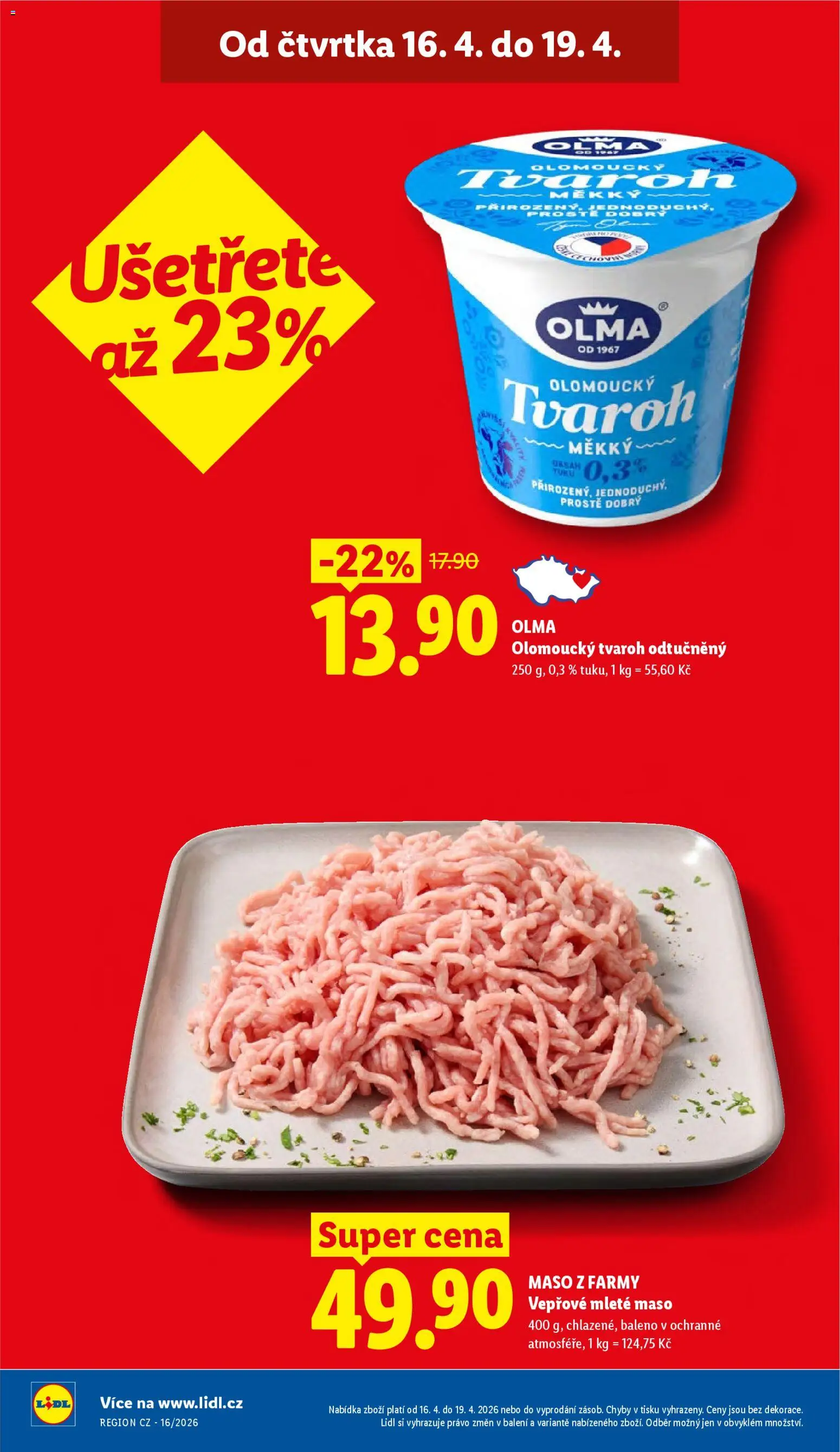 Lidl leták od 16.04.2026 | Strana: 4 | Produkty: Tvaroh, Tvaroh odtučněný, Mleté maso, Maso