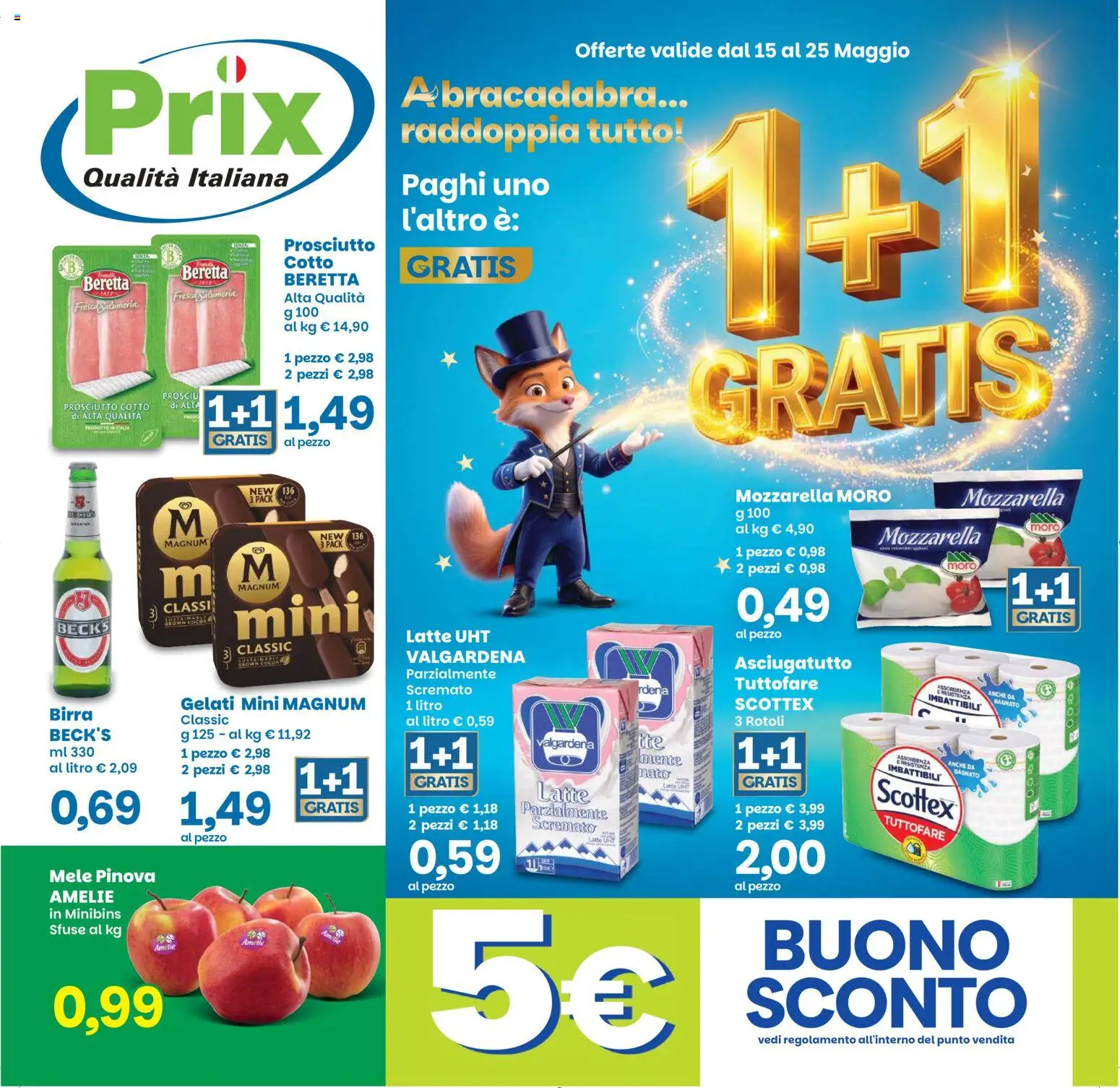 Volantino Prix del 15.05.2026 | Pagina: 1 | Prodotti: Prosciutto Cotto, Birra, Mele, Latte