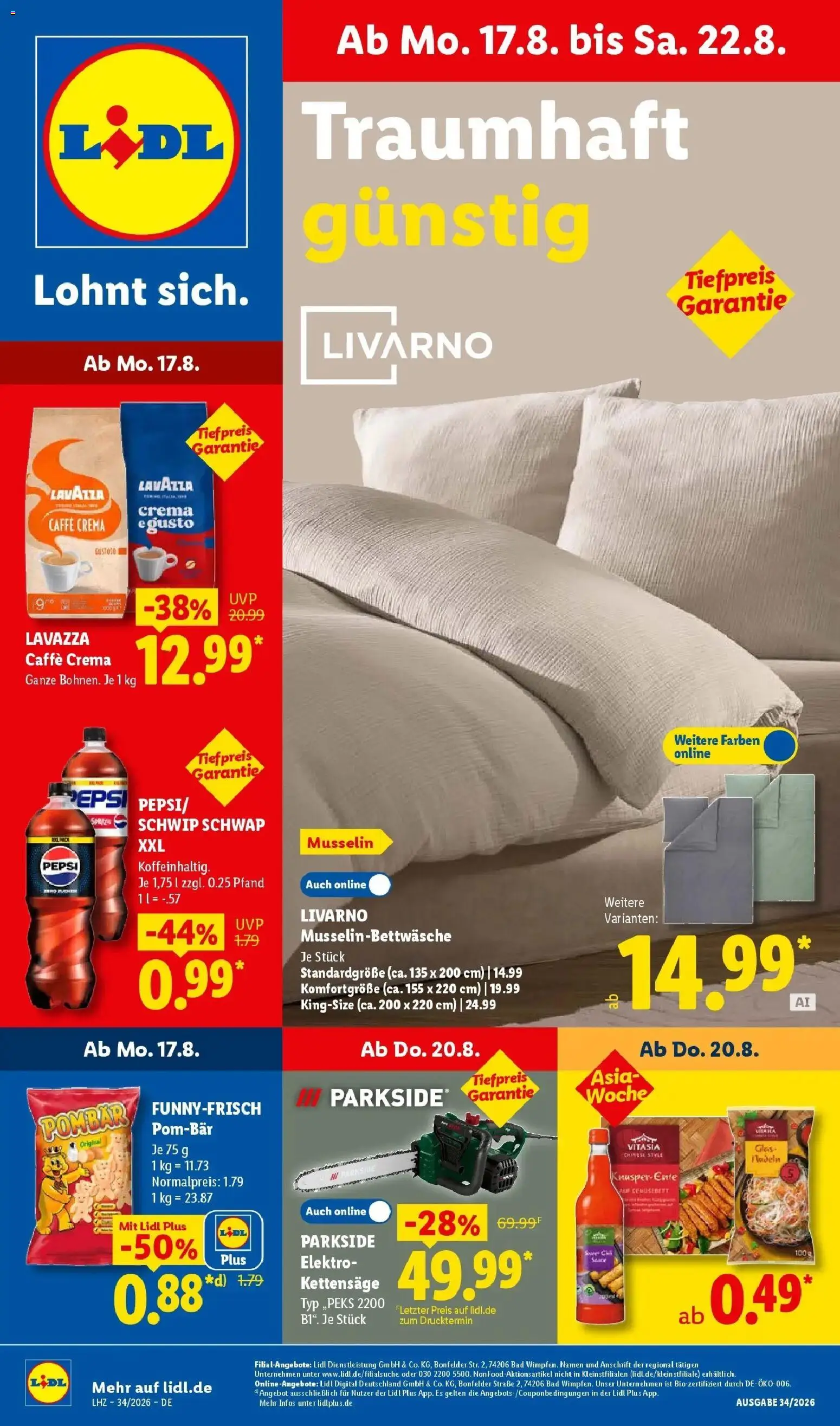 Lidl Prospekt Einbeck (ab 17.08.2026) zum Blättern » Angebote | Seite: 1 | Produkte: Lavazza, Schwip schwap, POM-BÄR, Pepsi