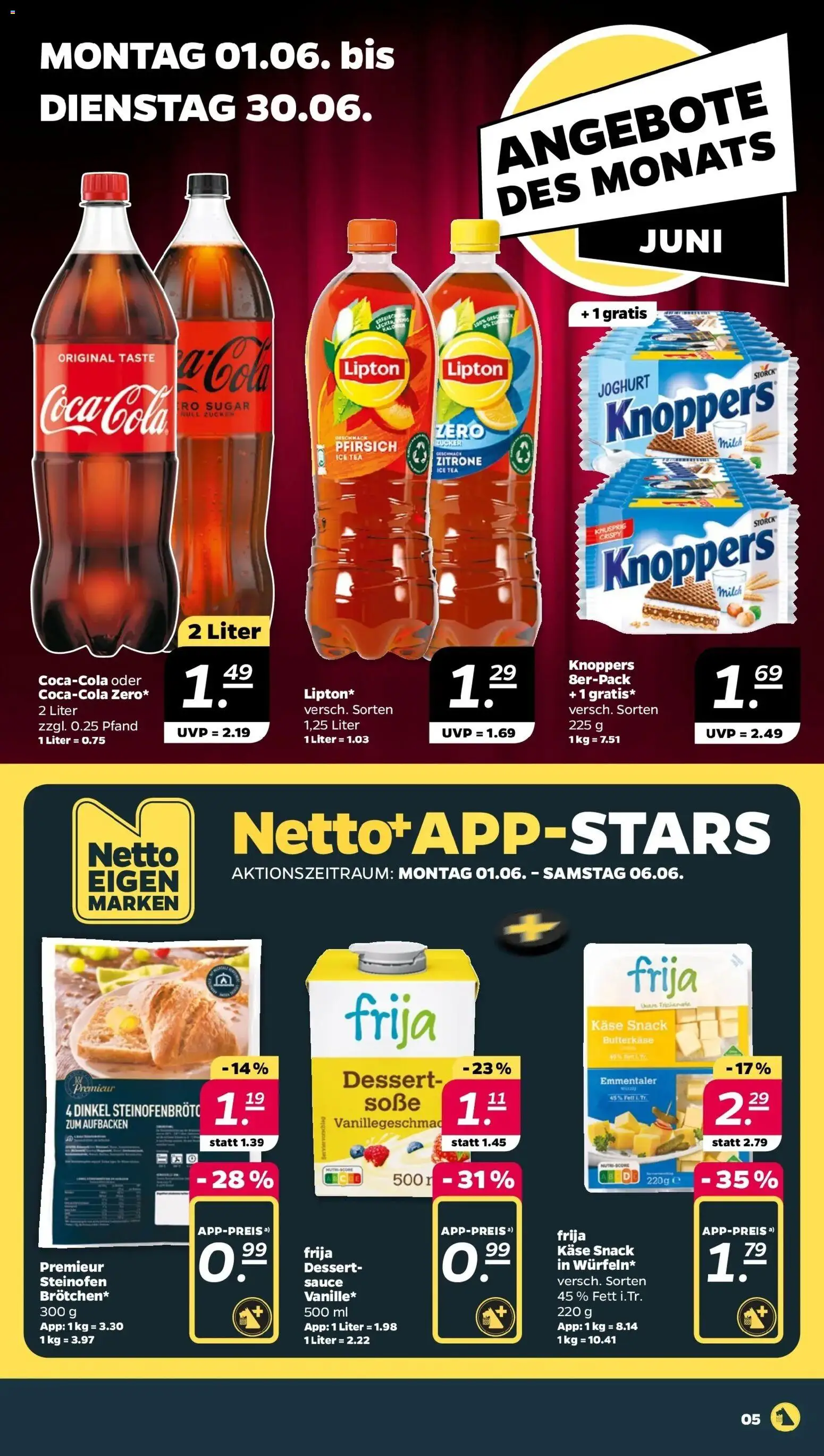 Netto Prospekt – gültig ab 01.06.2026 | Seite: 5 | Produkte: Milch, Käse, Pfirsich, Knoppers
