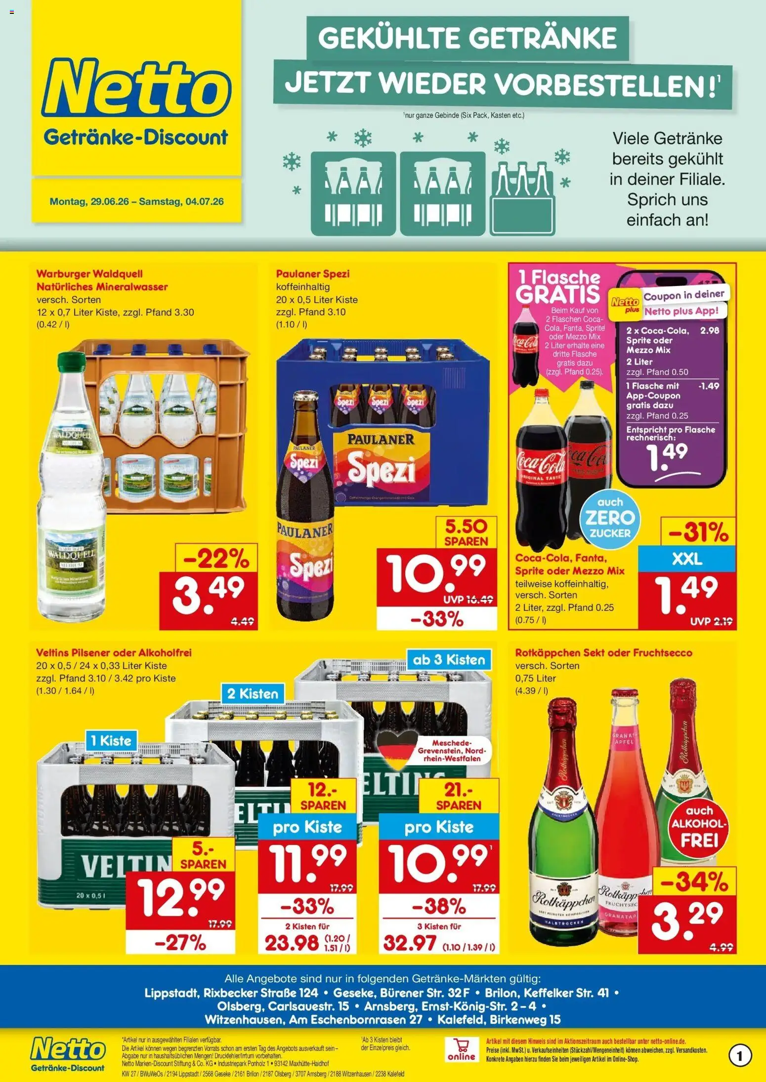Netto Marken-Discount Prospekt Lippstadt – gültig ab 29.06.2026 | Seite: 1 | Produkte: Rotkappchen sekt, Sprite, Oder mezzo mix, Veltins