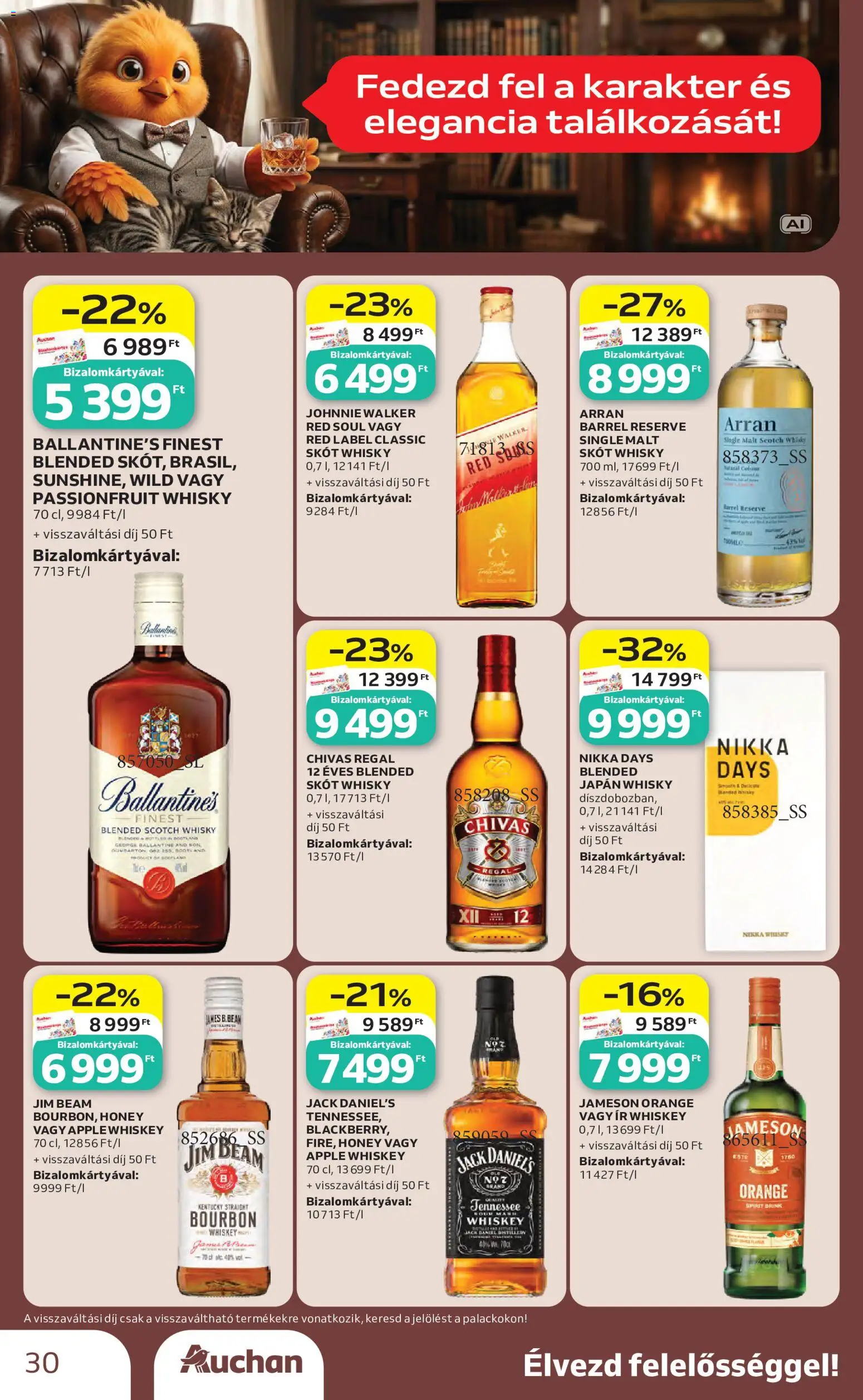 Auchan akciós ujság - amely érvényes a következő dátumtól: 2026.10.01. | Oldal: 30 | Termékek: Skót whisky, Jameson, Bourbon, Ballantine’s