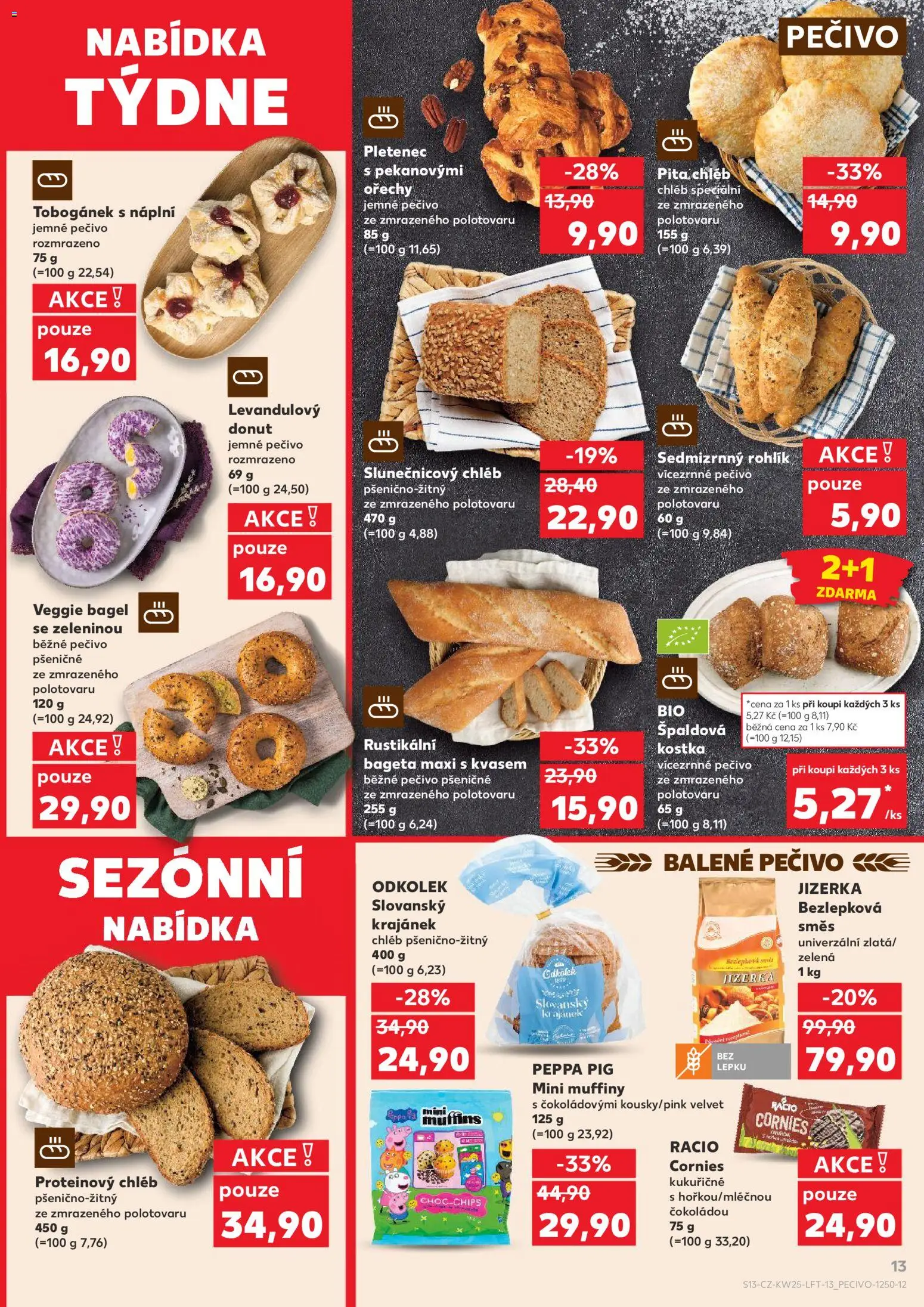 Kaufland leták - Praha 4 od 17.06.2026 | Strana: 13 | Produkty: Donut, Jizerka bezlepková směs, Bagel, Slunečnicový chléb
