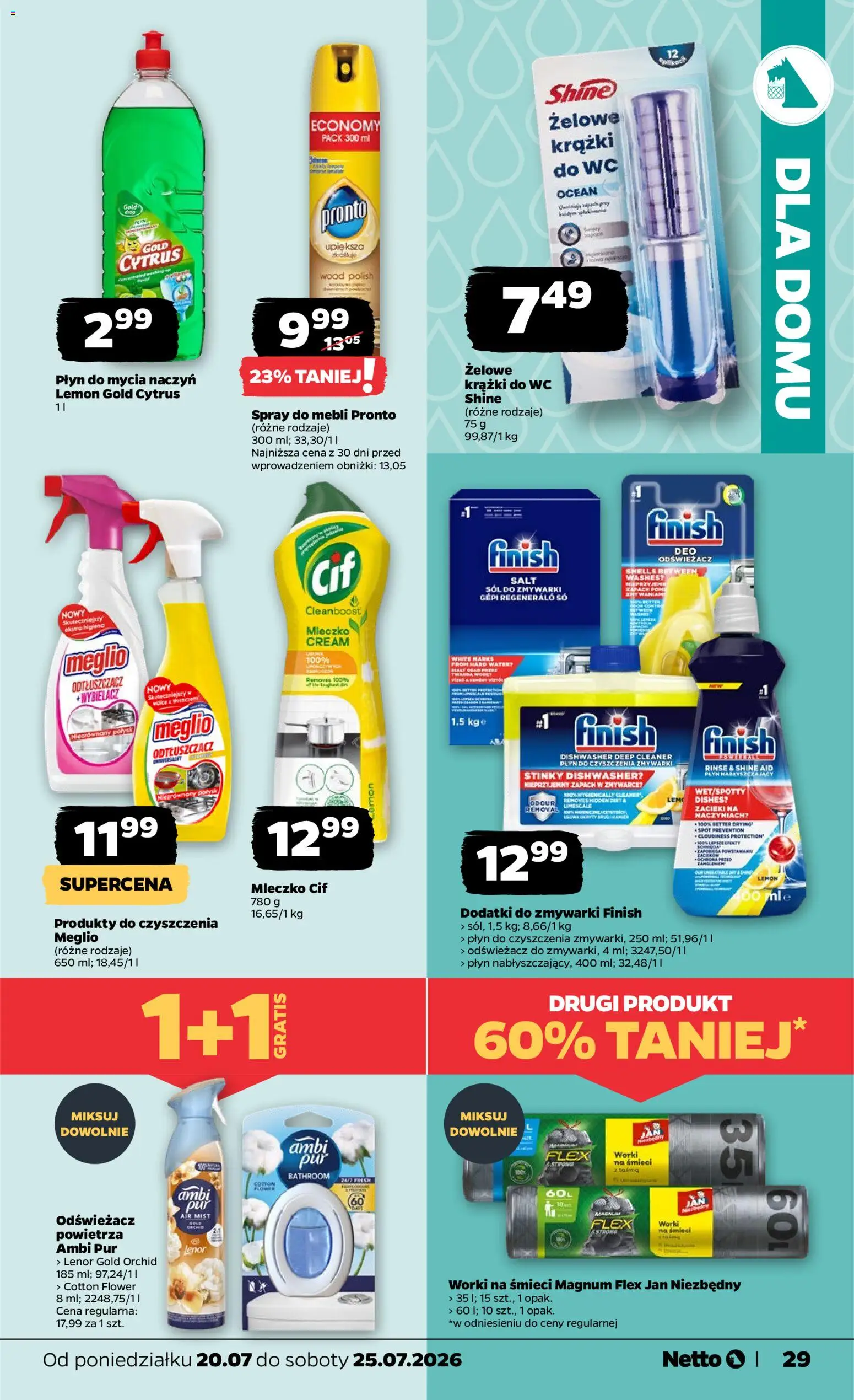 Netto gazetka od poniedziałku od 20.07.2026 | Strona: 29 | Produkty: Meglio, Płyn do czyszczenia zmywarki, Finish, Sól