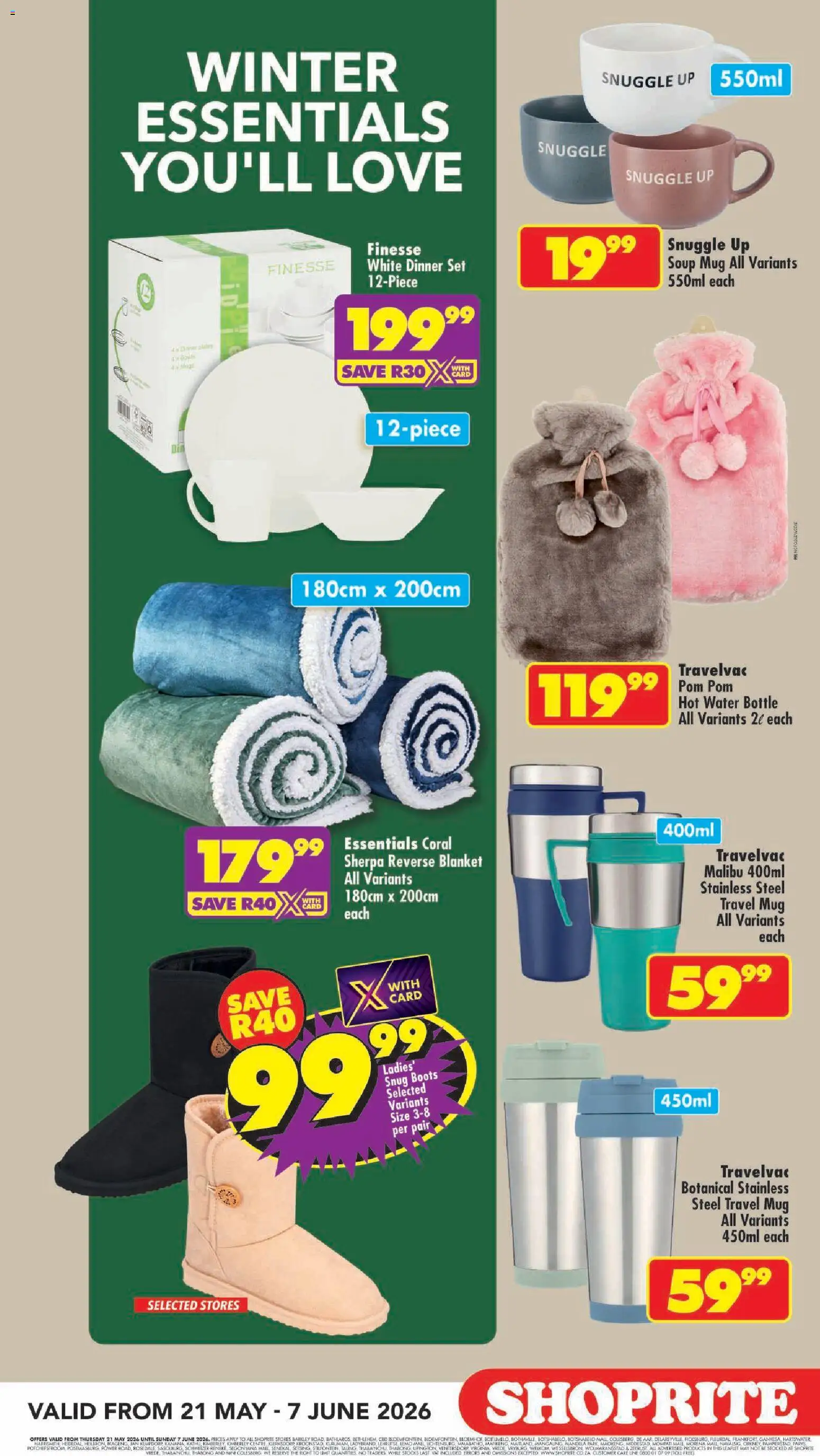 New Shoprite catalogue – valid from 21.05.2026 | Page: 9 | Products: Boots, Blanket, Soup, Water