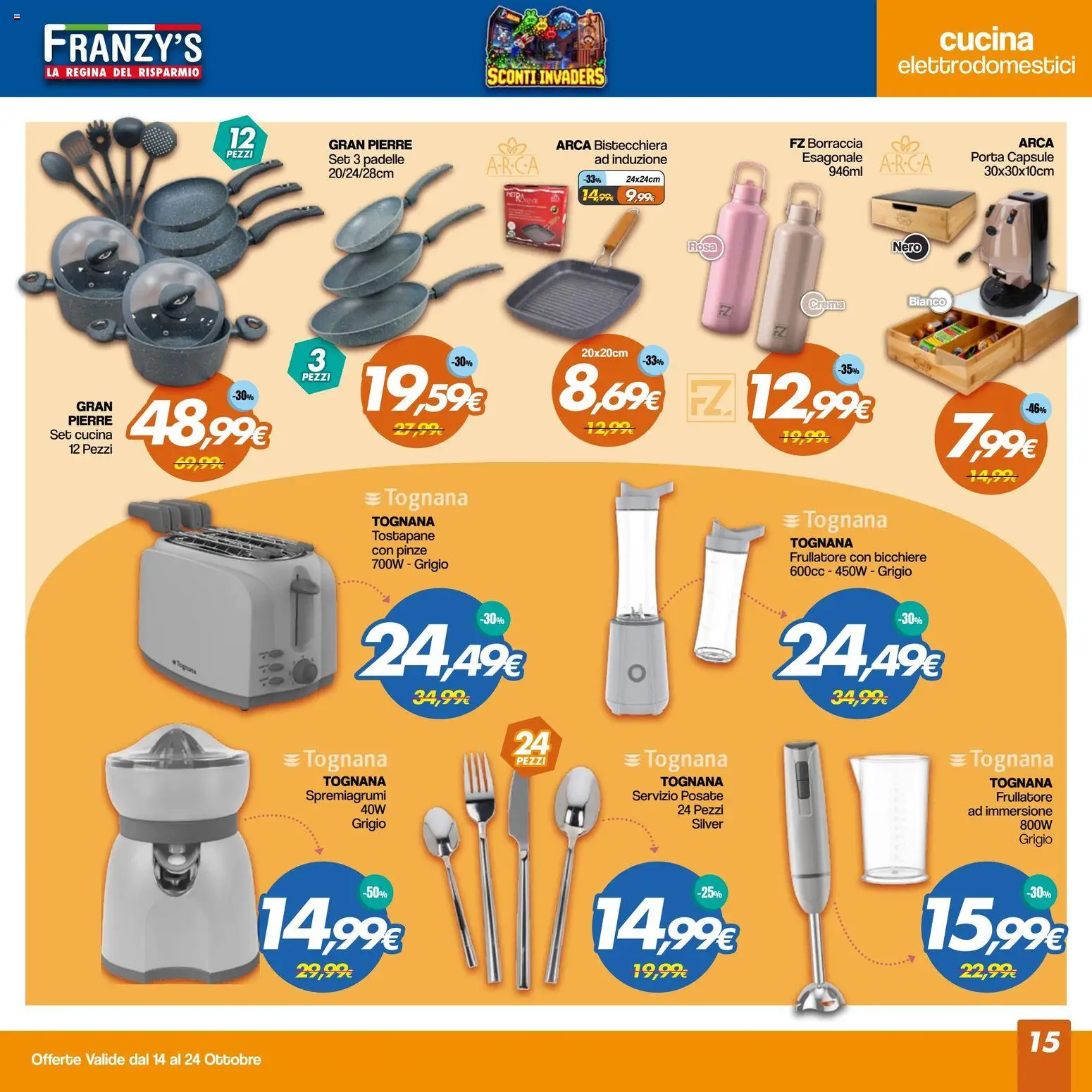 Volantino Franzy's del 14/10/2026 | Pagina: 15 | Prodotti: Frullatore, Bistecchiera, Bicchiere, Spremiagrumi