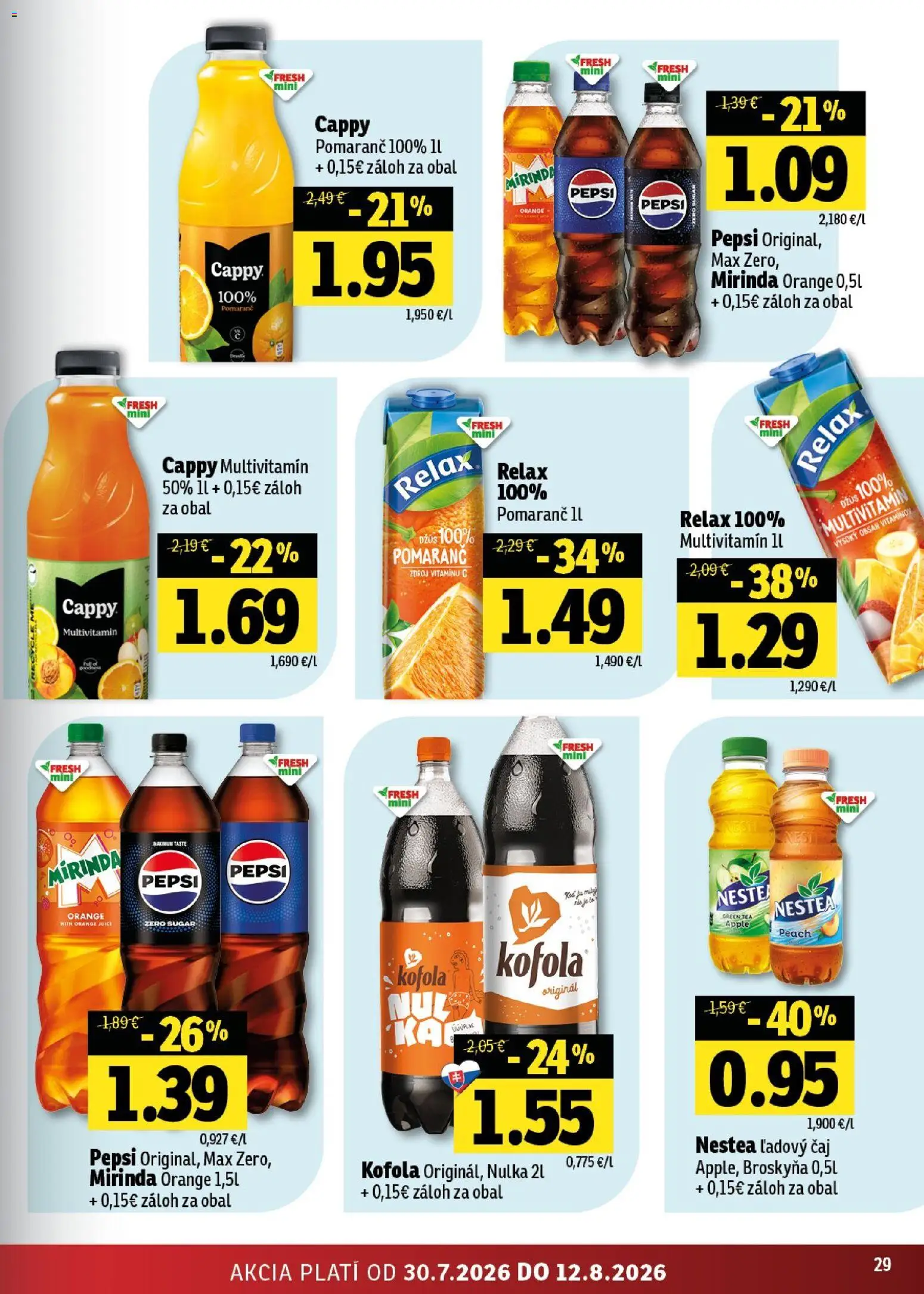 Nové Fresh akcie – leták je platný od 30.07.2026 | Strana: 29 | Produkty: Čaj, Apple, Pepsi, Mirinda
