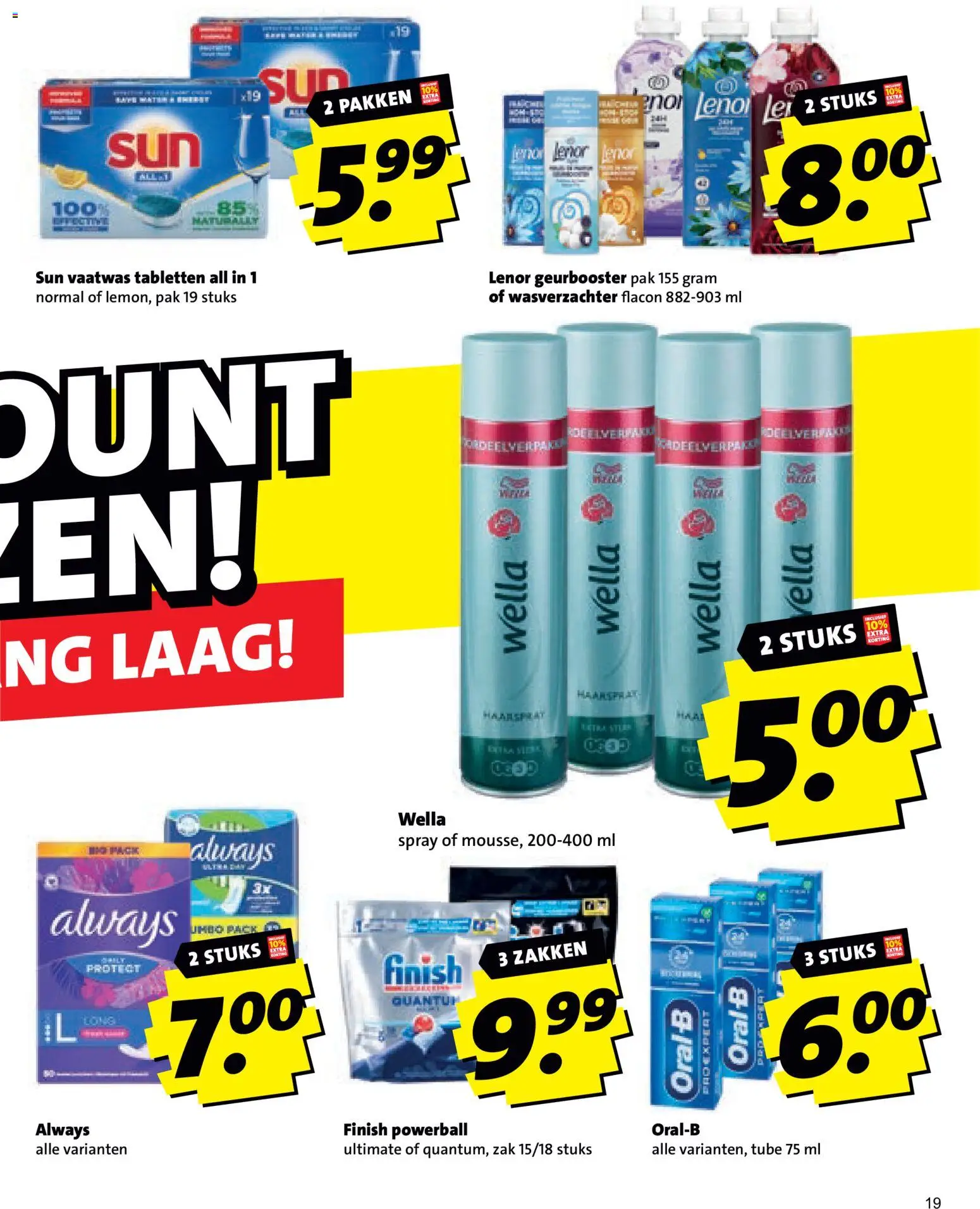 {H1} | Pagina: 19 | Producten: Wasverzachter, Vaatwas tabletten, Zak, Haarspray