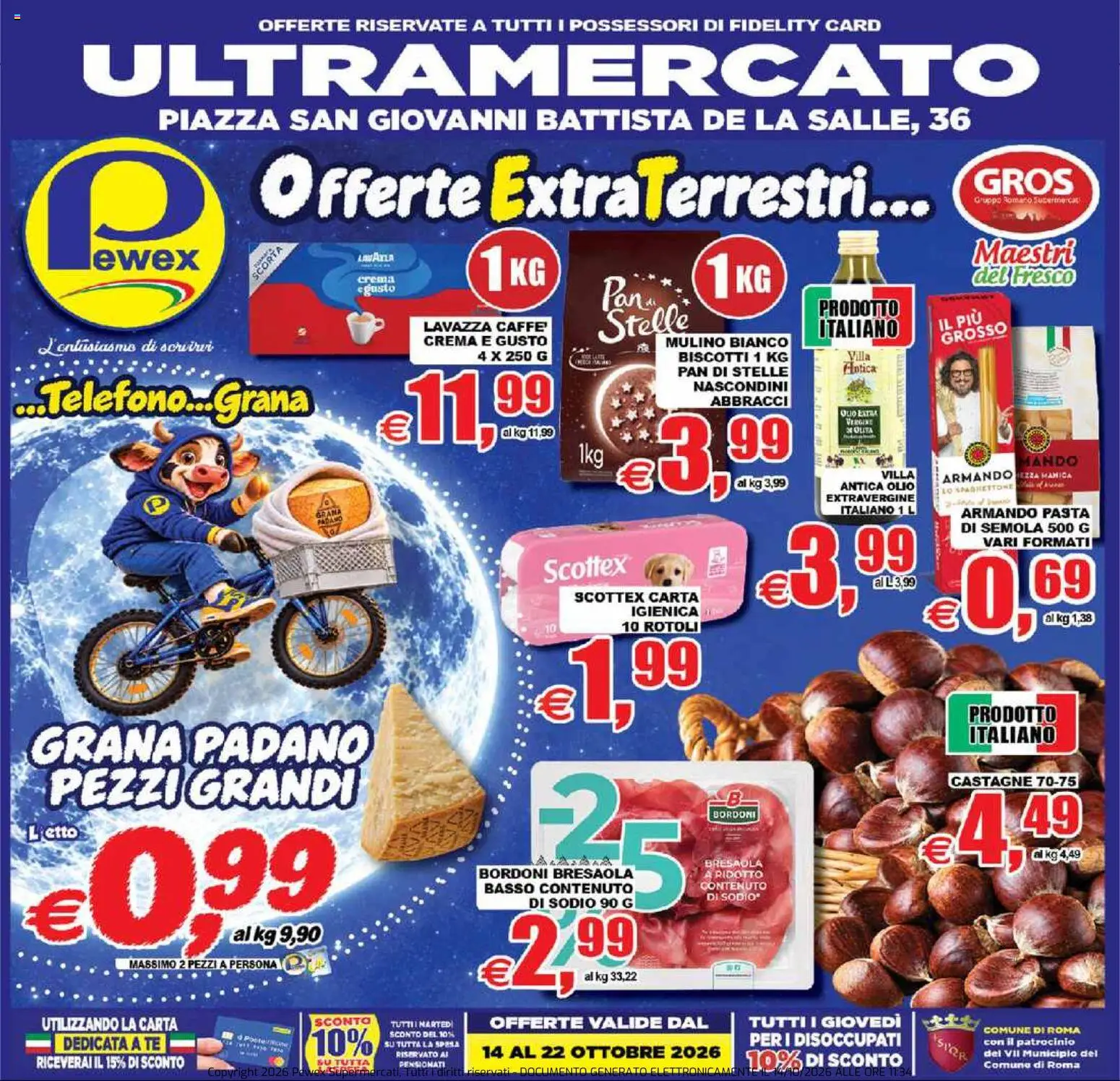 Volantino Pewex del 14/10/2026 | Pagina: 1 | Prodotti: Bresaola, Olio, Grana Padano, Lavazza