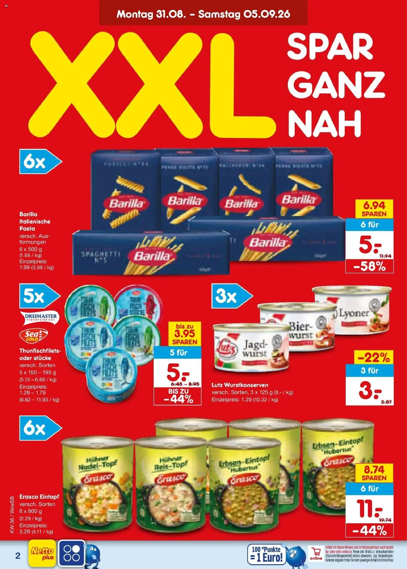 Netto Marken-Discount Prospekt Gemmingen (ab 31.08.2026) » Angebote | Seite: 4 | Produkte: Barilla, Bier, Spaghetti, Erasco
