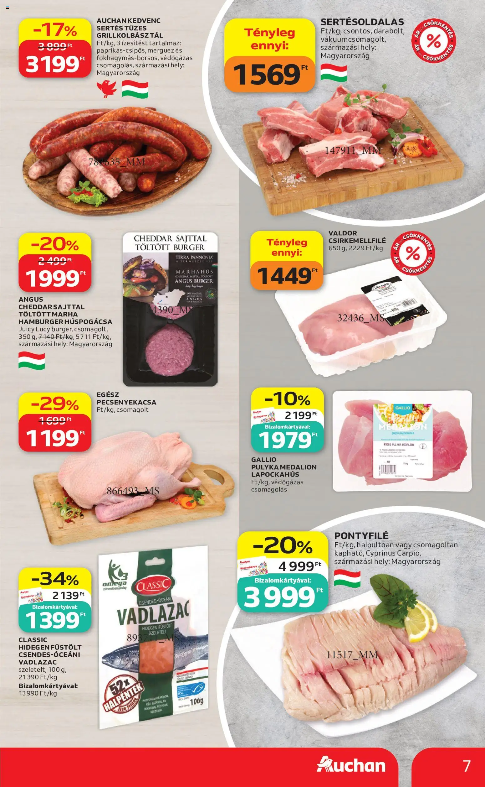 Auchan akciós ujság - amely érvényes a következő dátumtól: 21.05.2026 | Oldal: 7 | Termékek: Hamburger, Pecsenyekacsa, Marhahús, Cheddar