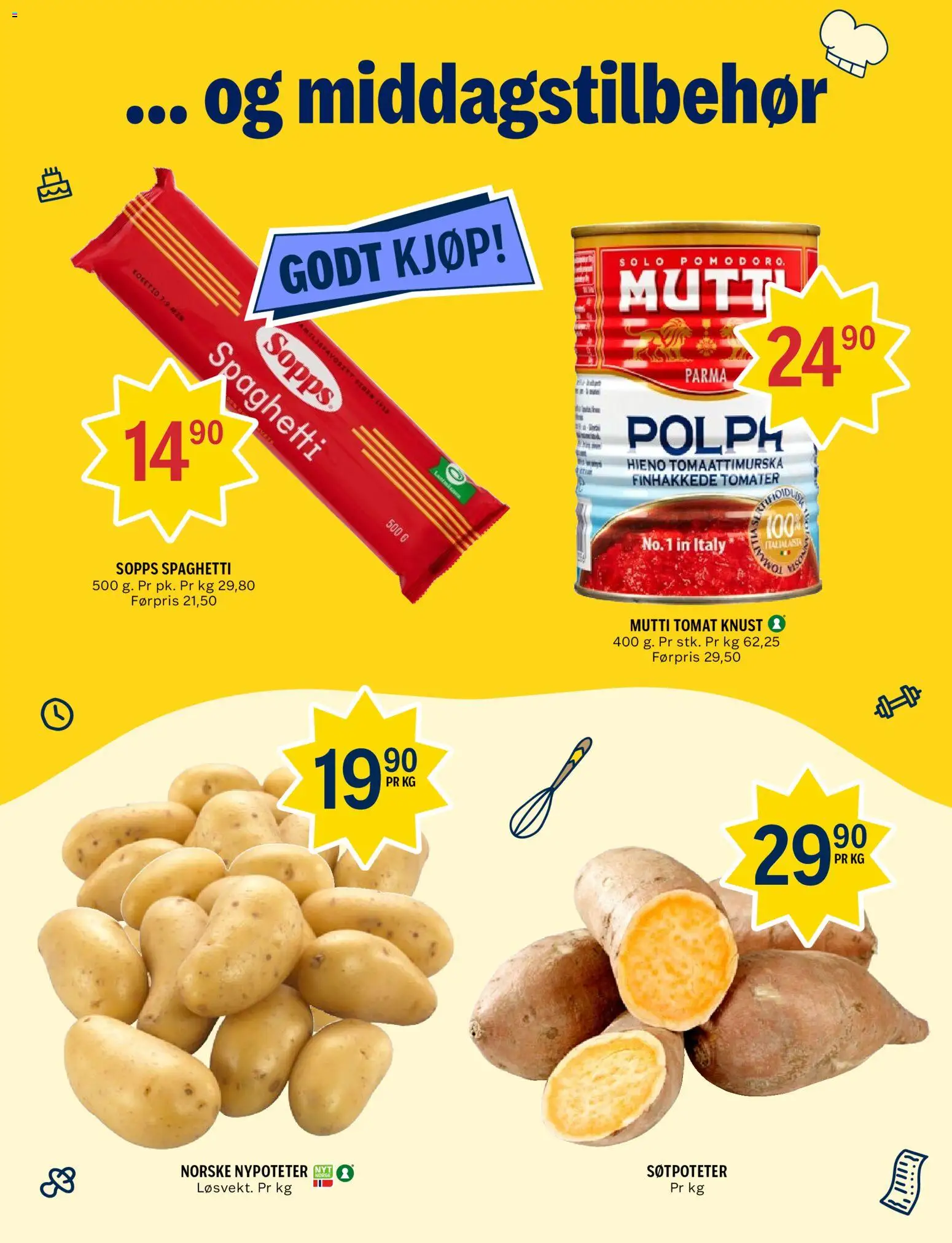 {H1} | Side: 3 | Produkter: Søtpoteter, 1, Spaghetti, Tomat