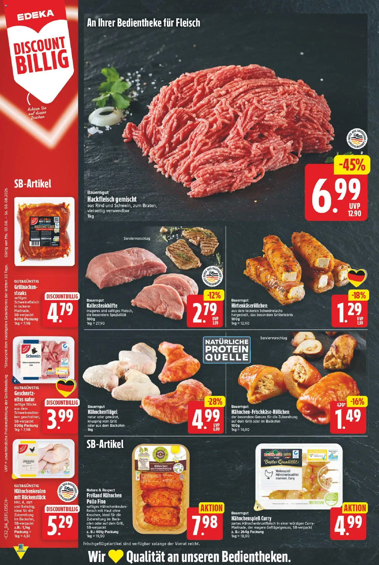 E center Prospekt – gültig ab 03.08.2026 | Seite: 4 | Produkte: Nackensteaks, Grill, Bauerngut, Hackfleisch