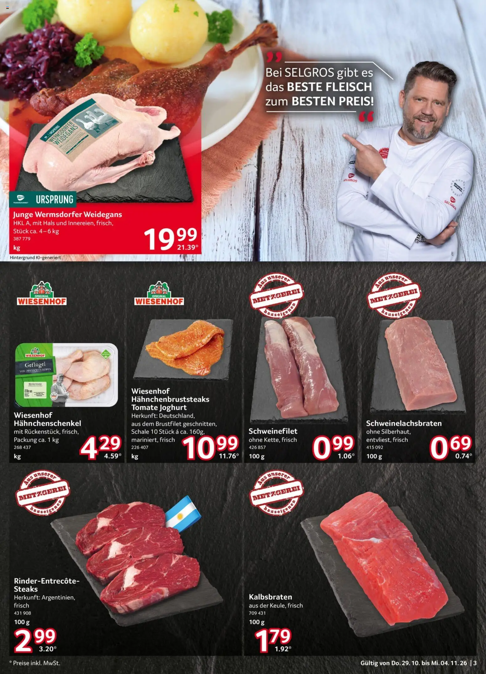 Selgros Prospekt – gültig ab 29.10.2026 | Seite: 3 | Produkte: Hahnchenschenkel, Joghurt, Schweinefilet, Fleisch