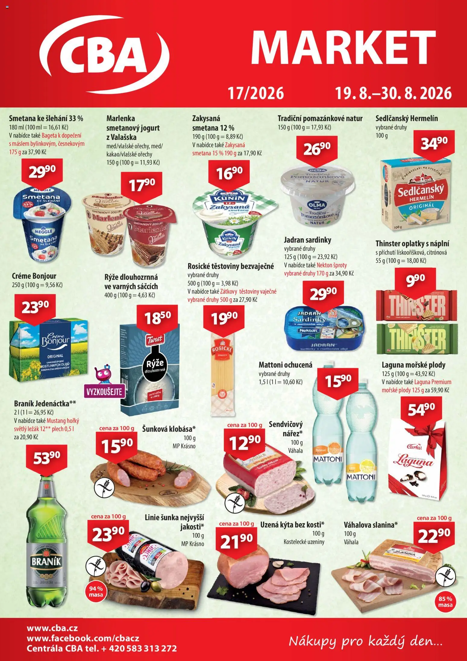 CBA leták - Market od 19.08.2026 | Strana: 1 | Produkty: Jogurt, Těstoviny, Uzeniny, Oplatky
