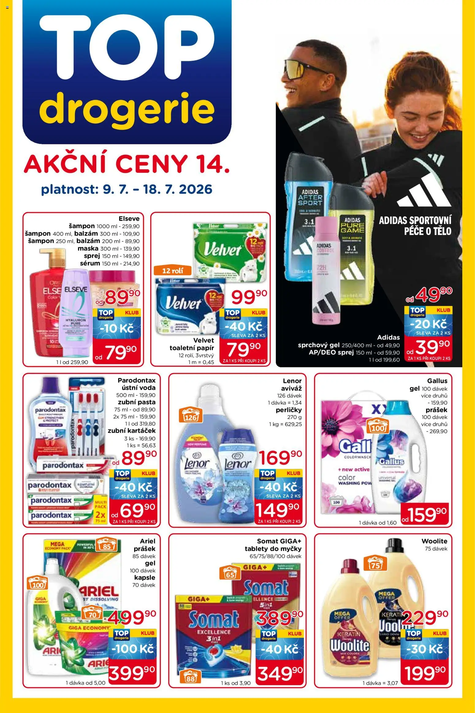 Top drogerie leták od 09.07.2026 | Strana: 1 | Produkty: Sprchový gel, Parodontax, Somat, Maska