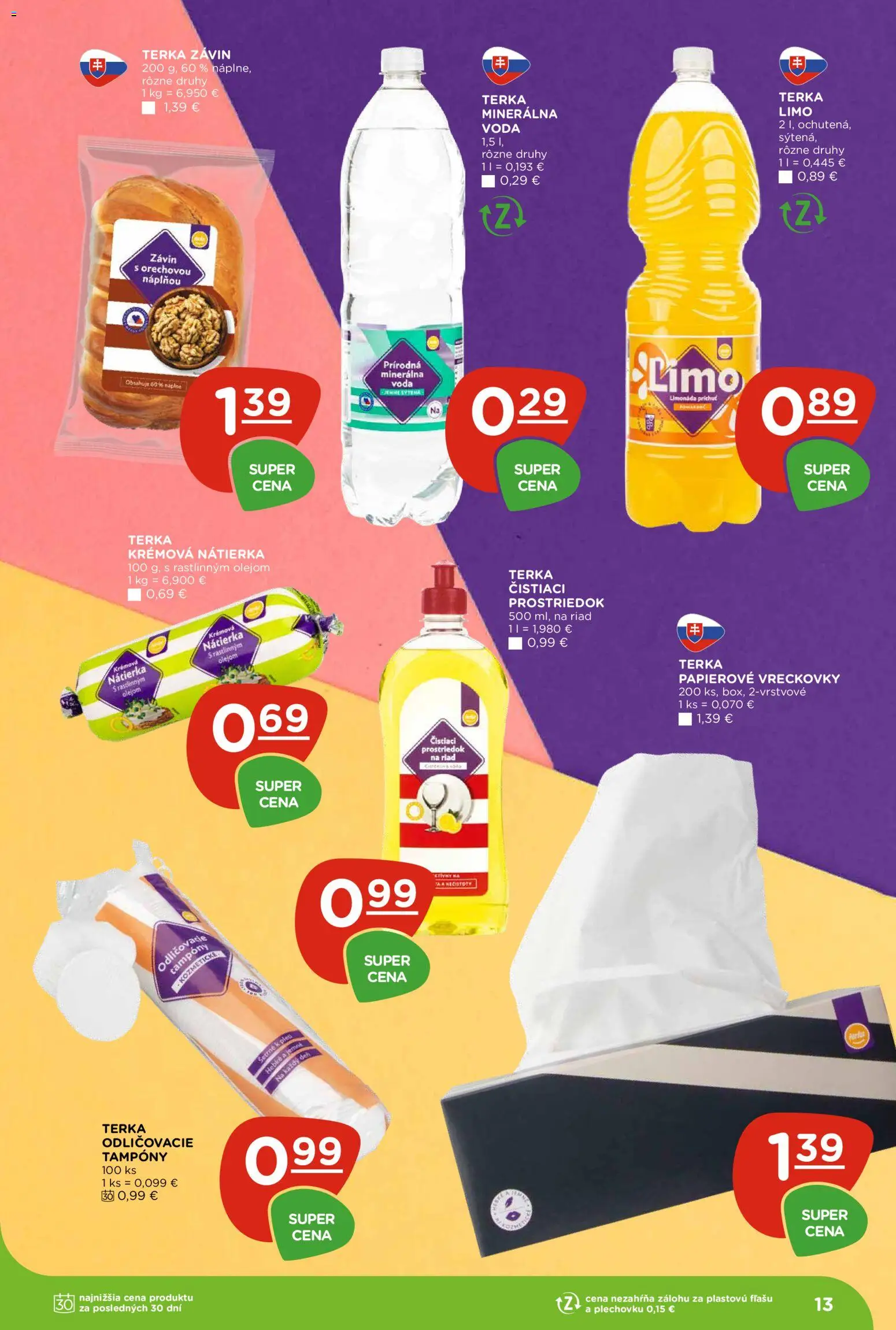 Nové Terno akcie – leták je platný od 17.09.2026 | Strana: 13 | Produkty: Závin, Nátierka, Čistiaci prostriedok, Voda