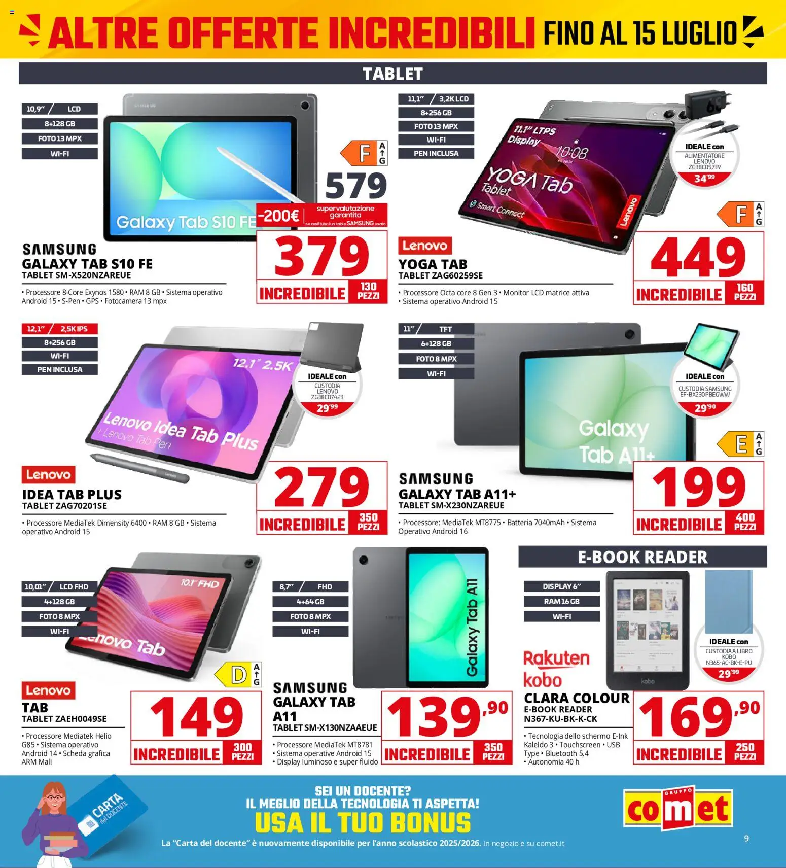 Volantino Comet del 13/07/2026 | Pagina: 9 | Prodotti: Tablet, USB, Batteria, Samsung