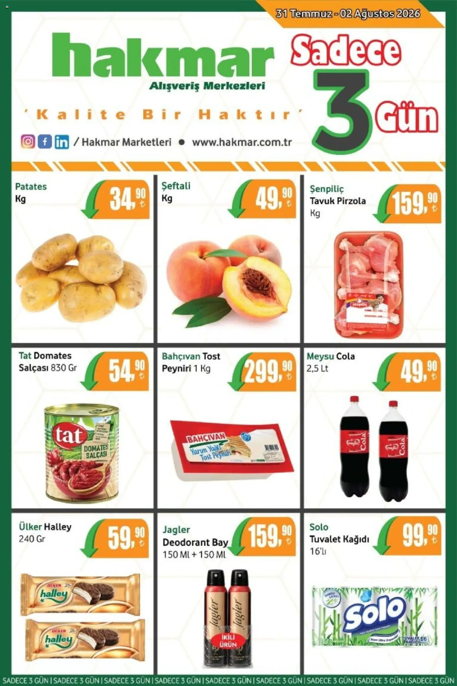 Hakmar - Katalog Sadece 3 Gün - 31 Temmuz 2026 tarihinden itibaren geçerlidir | Sayfa: 1 | Ürünler: Deodorant, Patates, Tuvalet kağıdı, Pirzola
