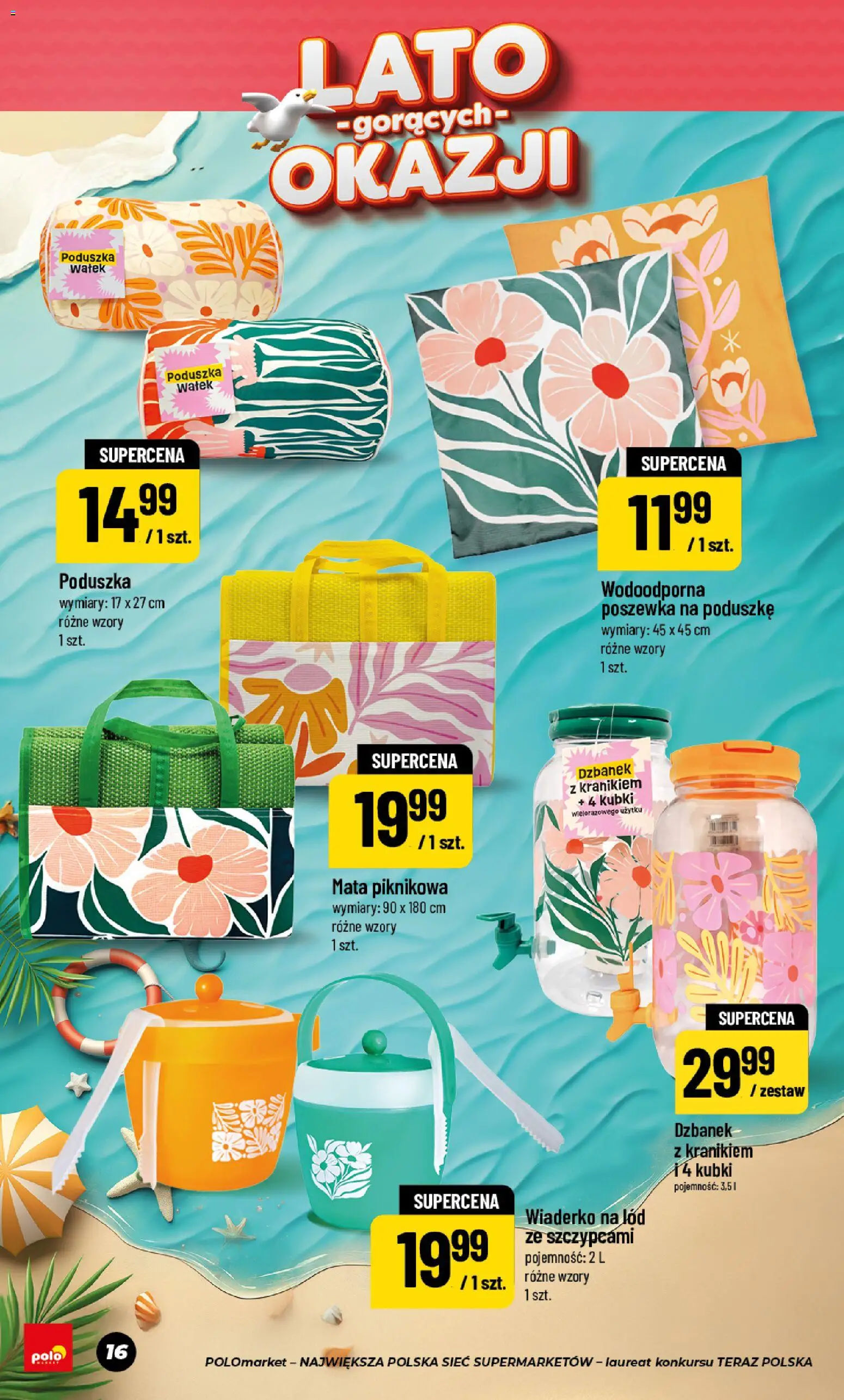 Nowa POLOmarket gazetka od jutra 24.06.2026 | Strona: 16 | Produkty: Dzbanek, Mata piknikowa, Poduszka, Lód