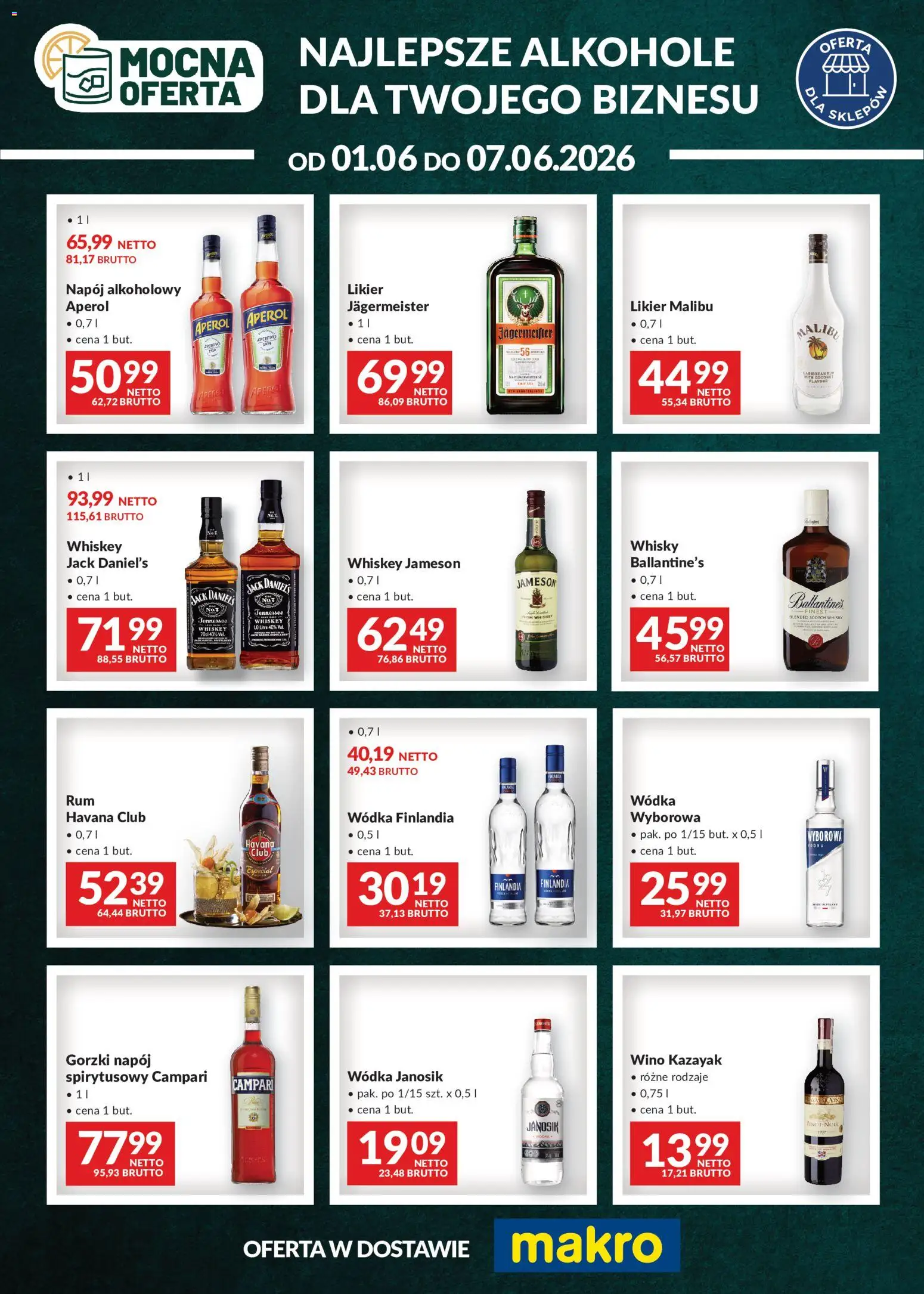 Makro gazetka - Mocna oferta od 01.06.2026 | Strona: 1 | Produkty: Wódka finlandia, Campari, Wódka janosik, Wódka