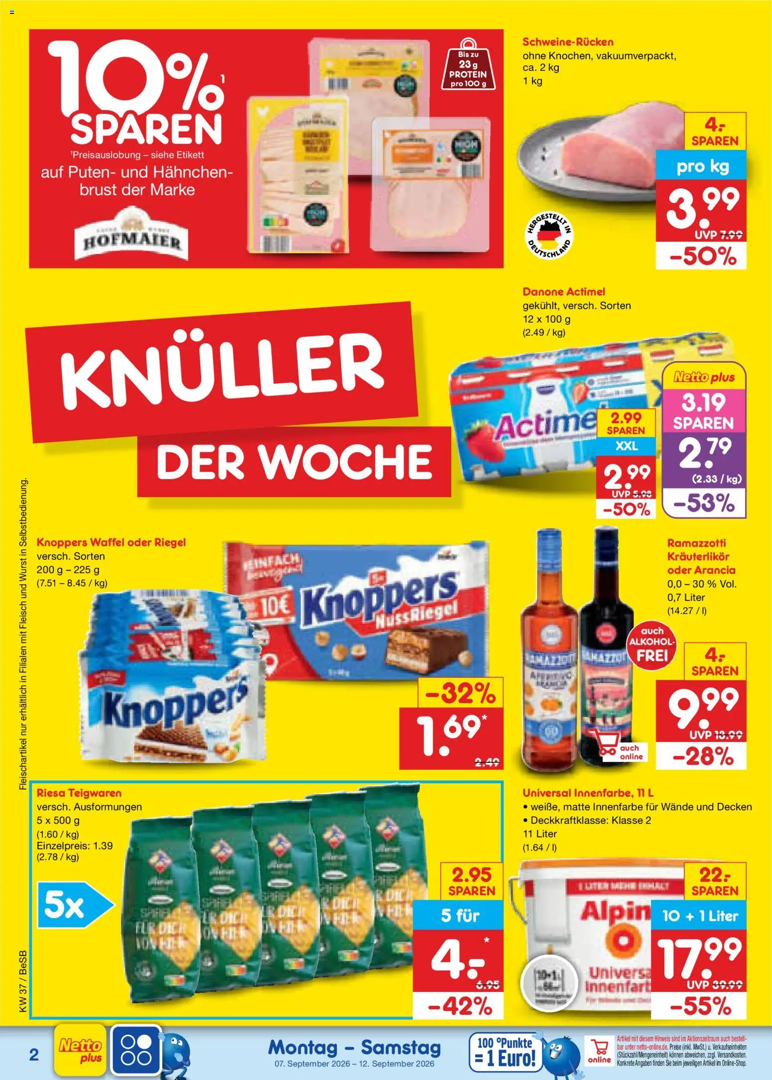 Netto Marken-Discount Prospekt – gültig ab 07.09.2026 | Seite: 4 | Produkte: Hahnchen, Actimel, Alkohol, Schweinerucken
