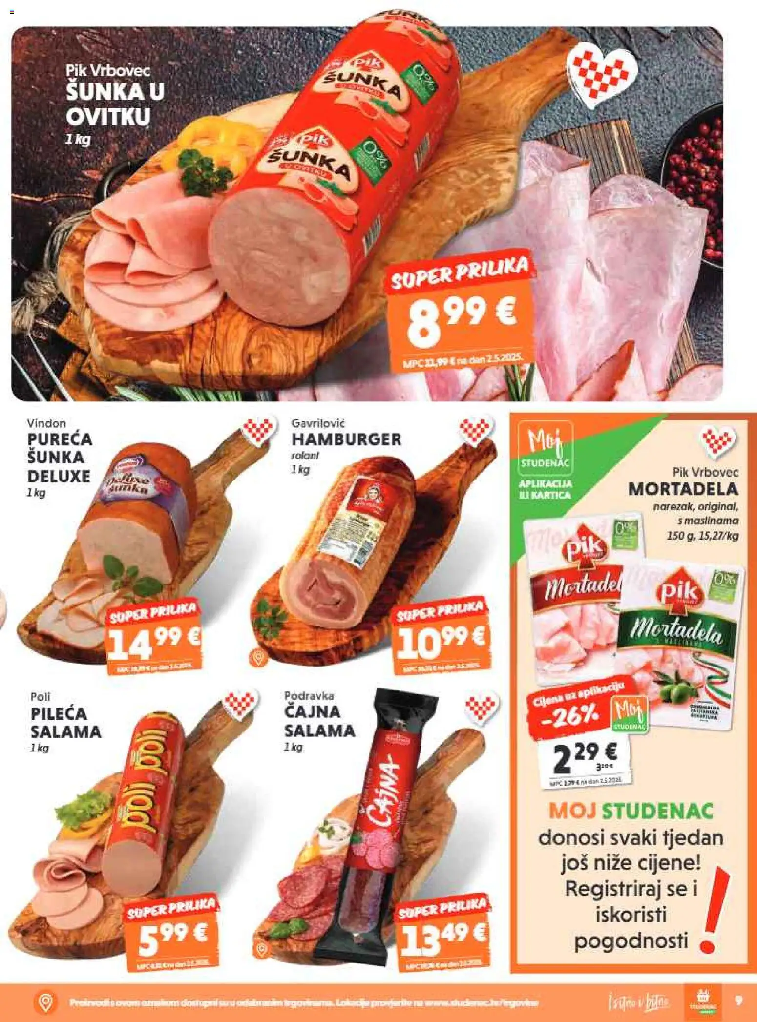 Studenac katalog | vrijedi od 03.06.2026 | Stranica: 9 | Proizvodi: Salama, Šunka, Mortadela, Hamburger