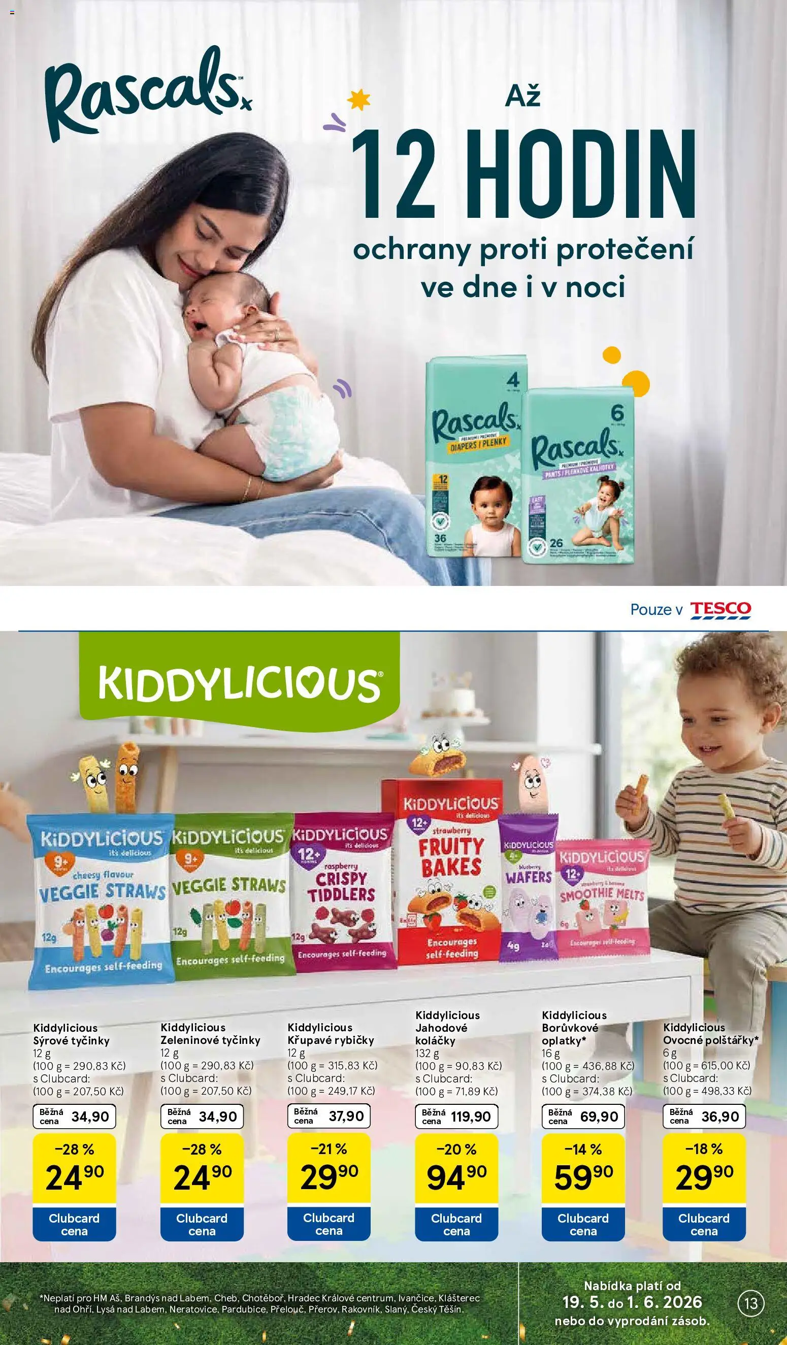 Tesco leták - Hypermarket od 20.05.2026 | Strana: 13 | Produkty: Kalhotky, Kiddylicious, Plenkové kalhotky, Plenky
