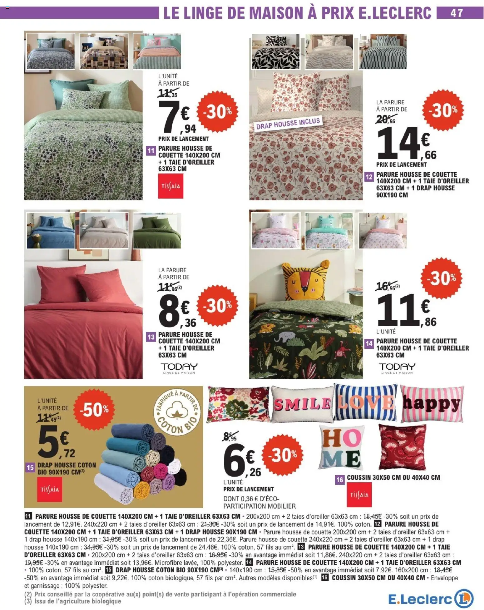 {H1} | Page: 47 | Produits: Taie d'oreiller, Enveloppe, Housse de couette Tissaia, Couette