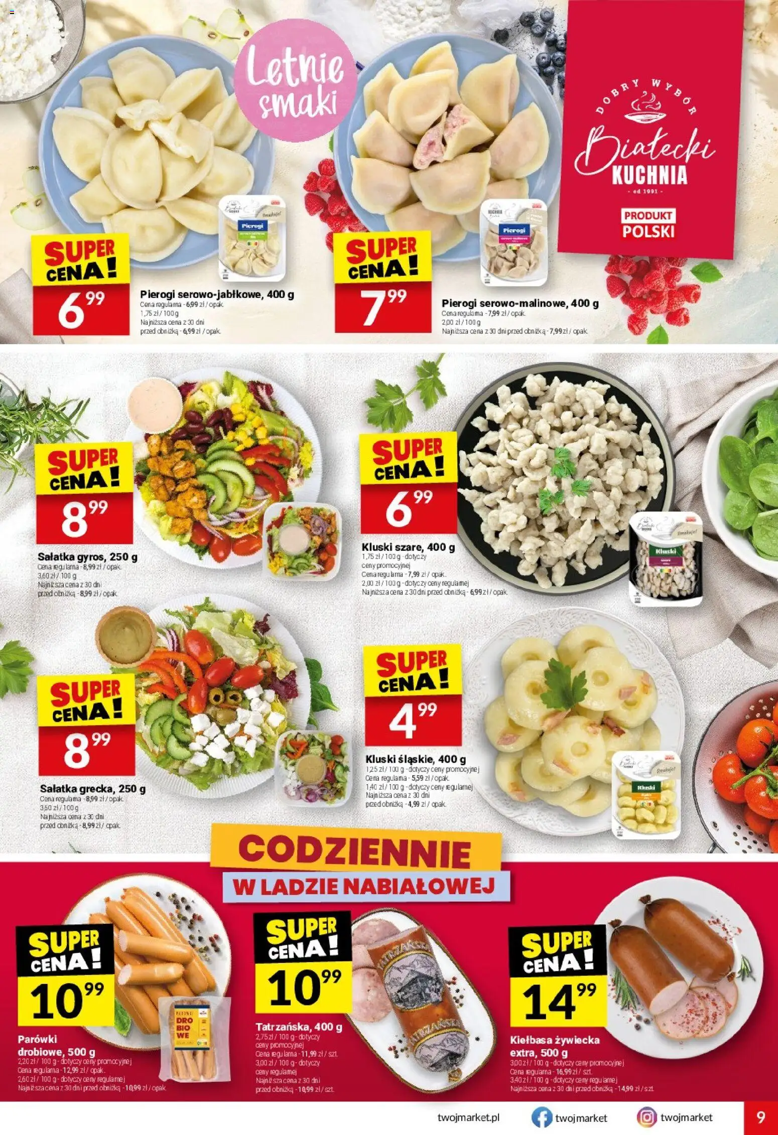 Twój Market gazetka od 15.07.2026 | Strona: 9 | Produkty: Kiełbasa, Pierogi, Parówki, Sałatka