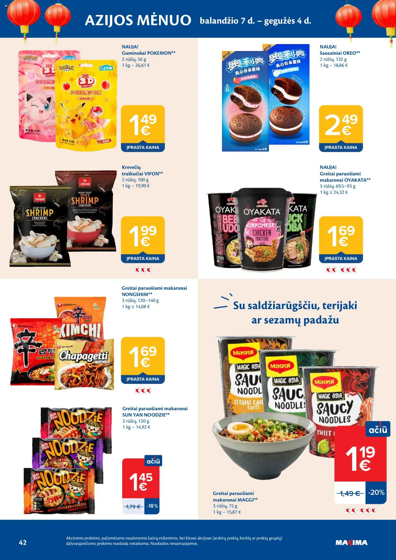 MAXIMA akcijos nuo 21.04.2026 | Puslapis: 42 | Prekių: Sausainiai, Greitai paruošiami makaronai, Guminukai, Traškučiai