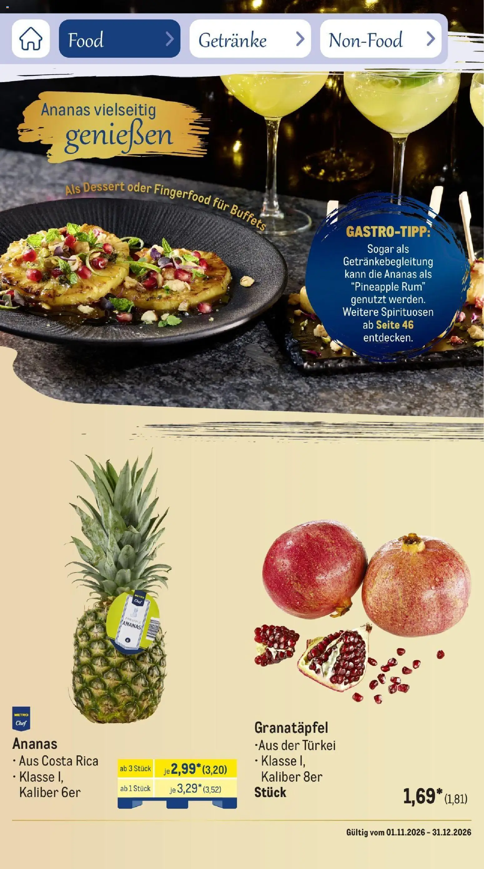 Metro Saisonkatalog Festtage voller Genuss – gültig ab 01.11.2026 | Seite: 27 | Produkte: Granatapfel, Rum, Ananas
