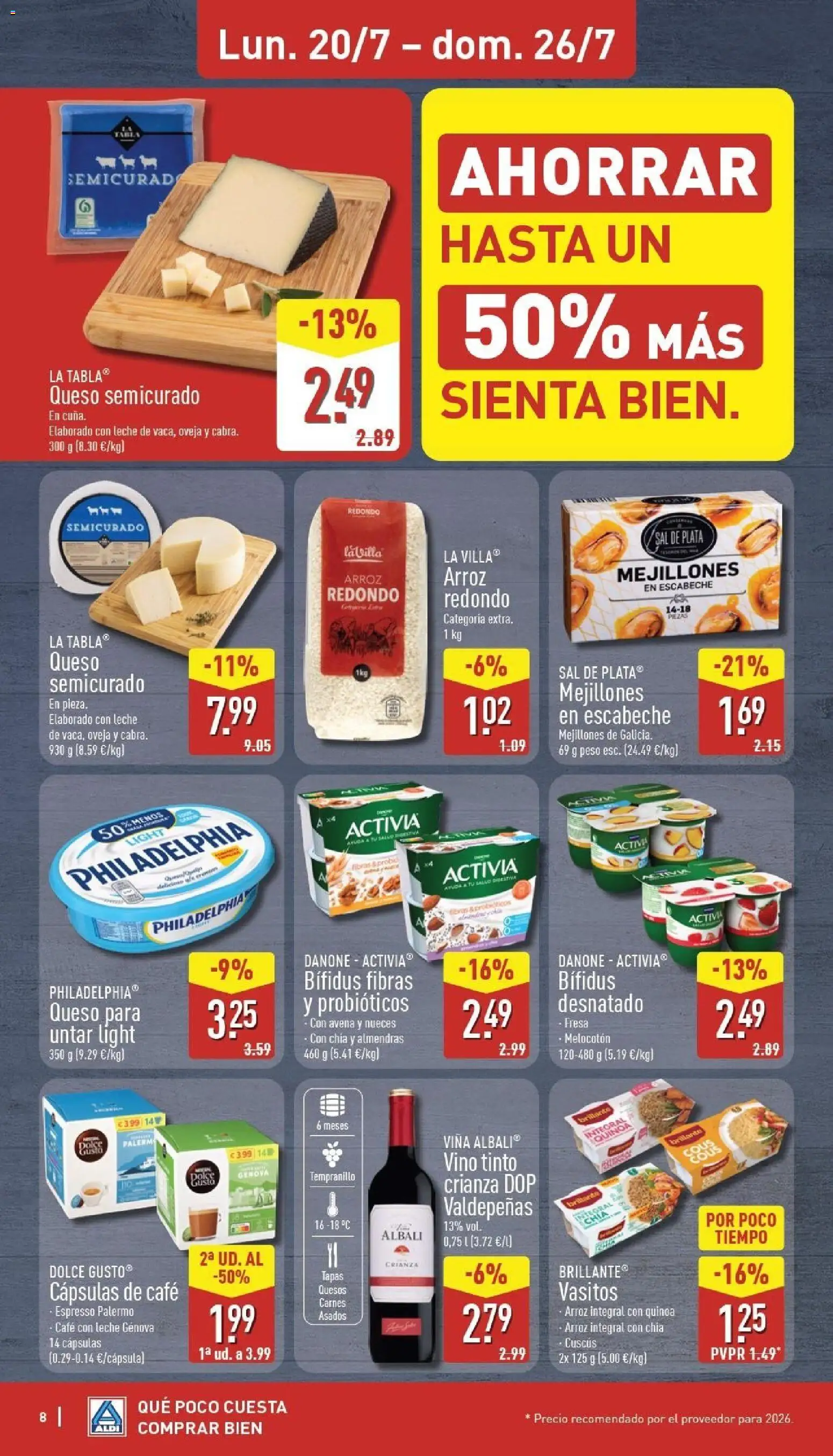 Aldi folleto Península │ válido desde el 20/07/2026 | Página: 8 | Productos: Queso, Probióticos, Almendras, Arroz integral