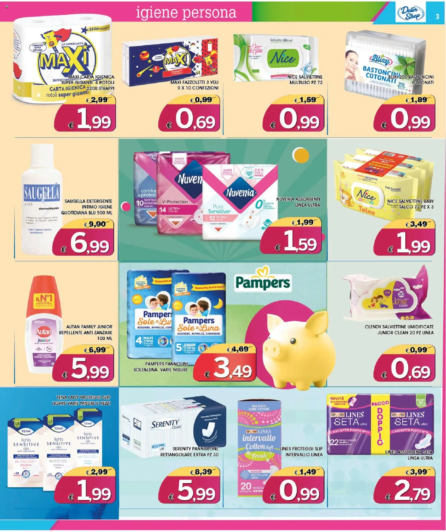 Volantino Deter Shop del 01/08/2026 | Pagina: 3 | Prodotti: Carta igienica, Intimo, Talco, Slip